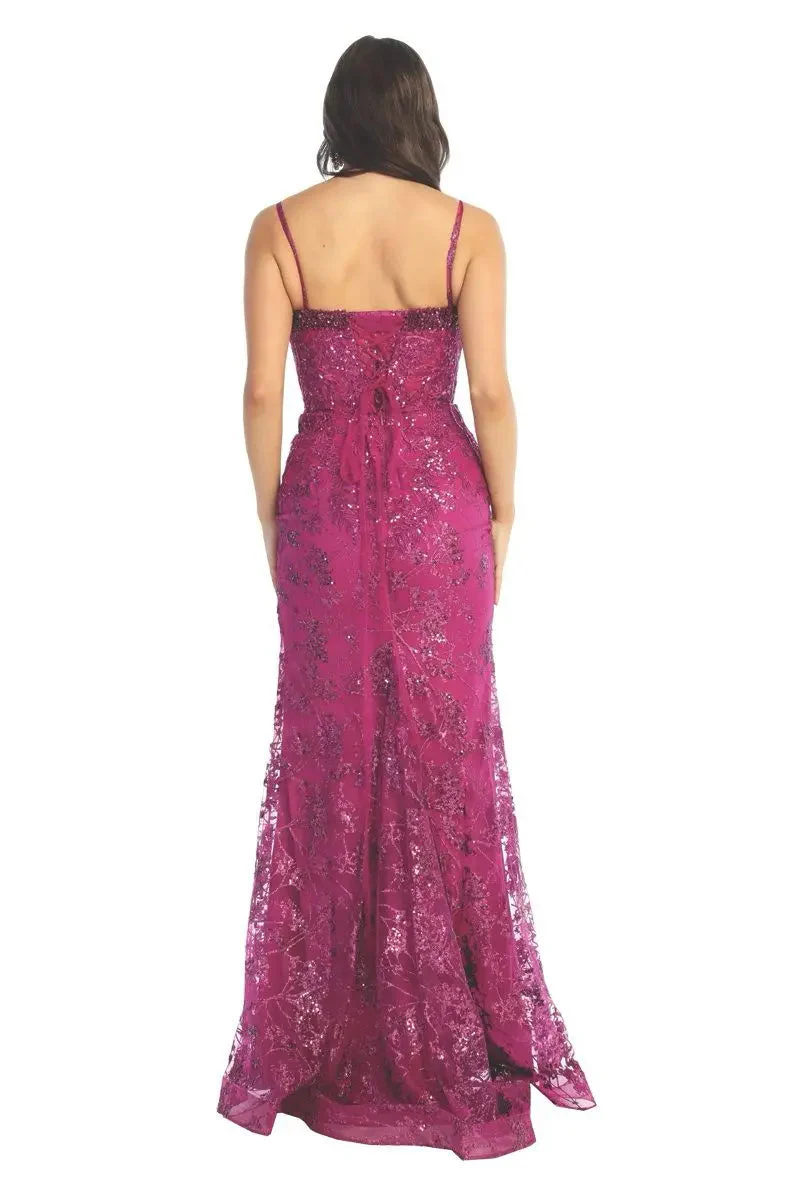 Cindy Collection 50488 Slit Leg Lace Design with Lined Detail Dress - Image 3