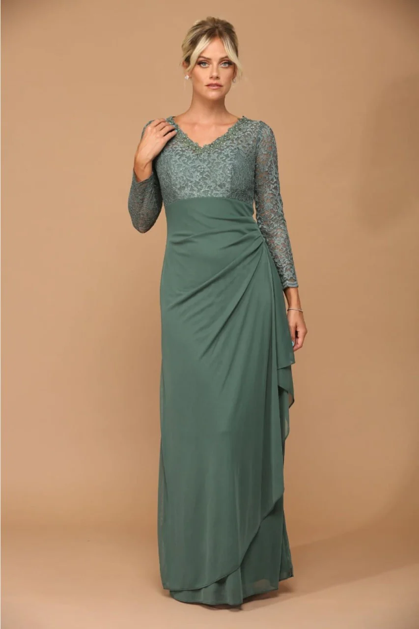 V-Neck Long Lace Gown Mother of the Groom Dress - Image 11