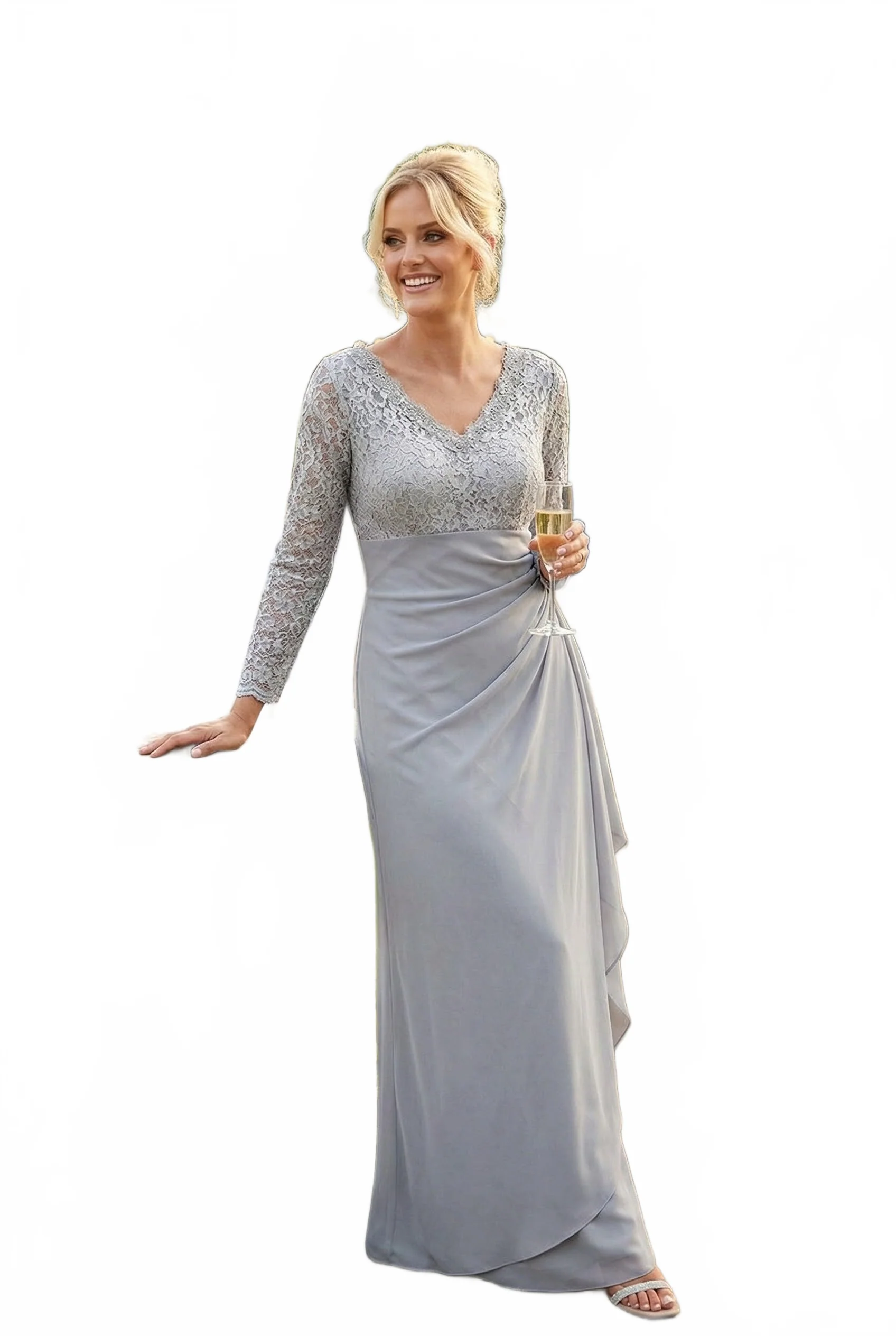V-Neck Long Lace Gown Mother of the Groom Dress - Image 21