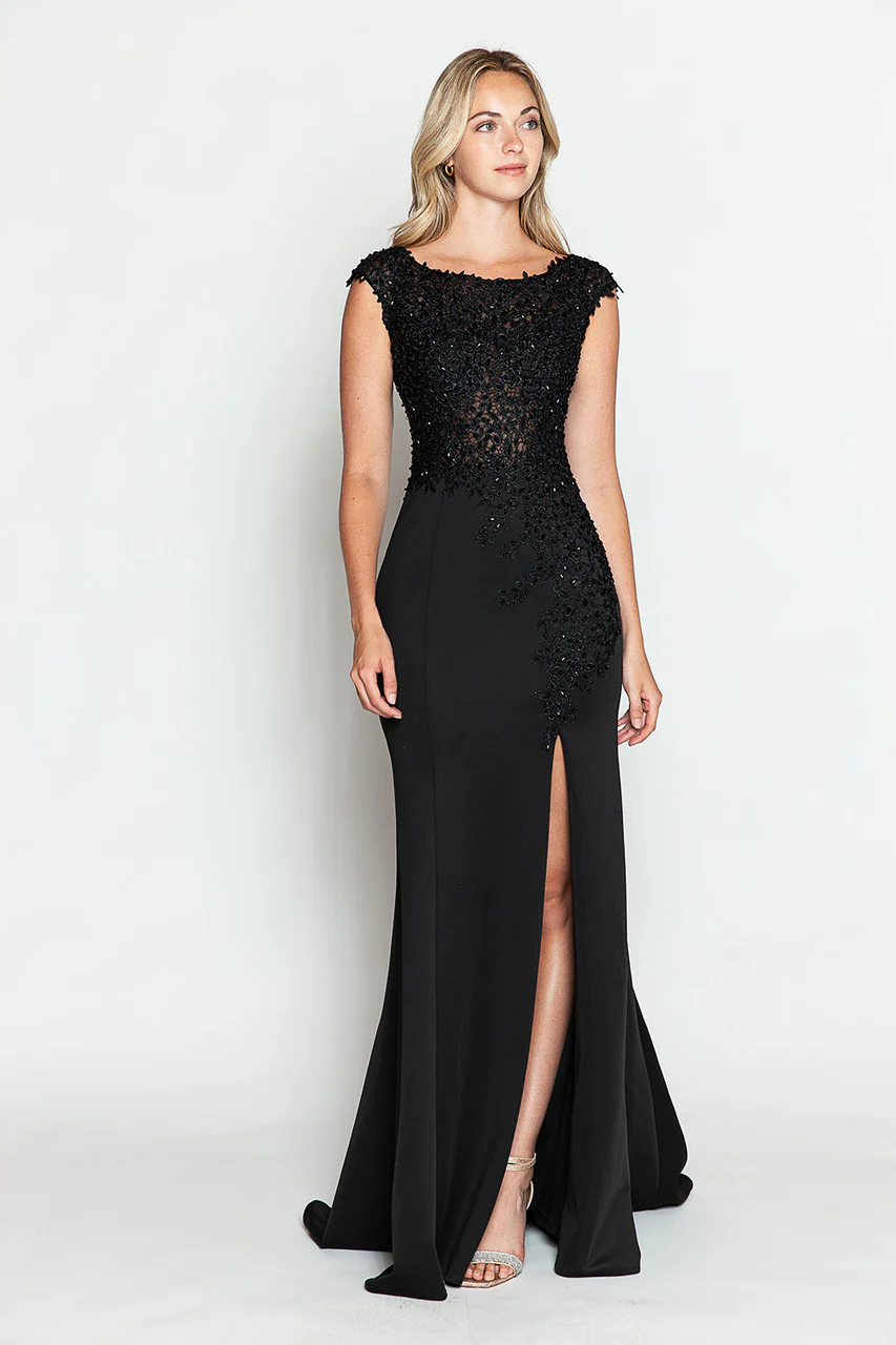 Clearance Lilac & Black Size S & 2XL Boat Neck Cap Sleeve Sheath Gown By Lenovia 8343 - Image 3