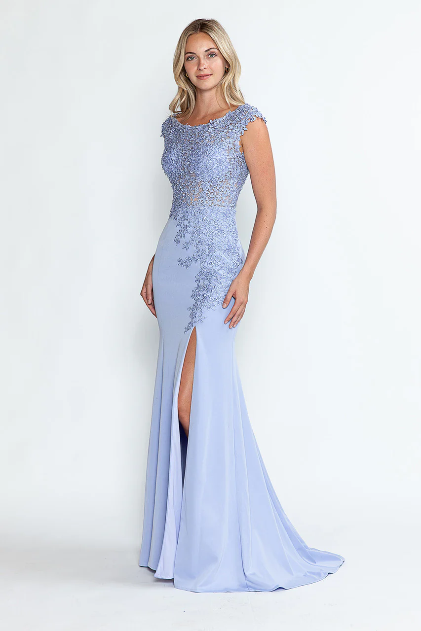 Clearance Lilac & Black Size S & 2XL Boat Neck Cap Sleeve Sheath Gown By Lenovia 8343 - Image 5