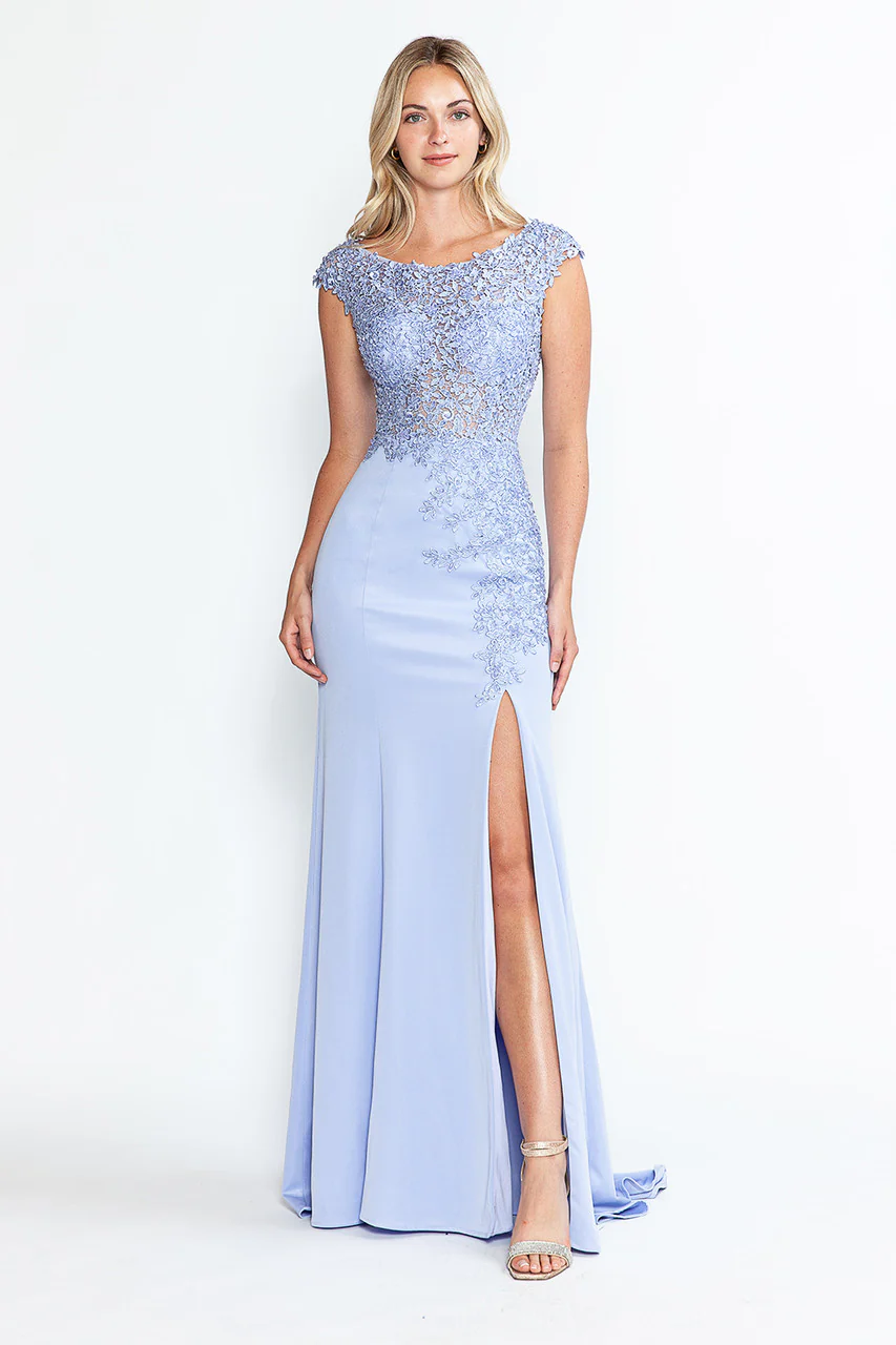 Clearance Lilac & Black Size S & 2XL Boat Neck Cap Sleeve Sheath Gown By Lenovia 8343 - Image 6