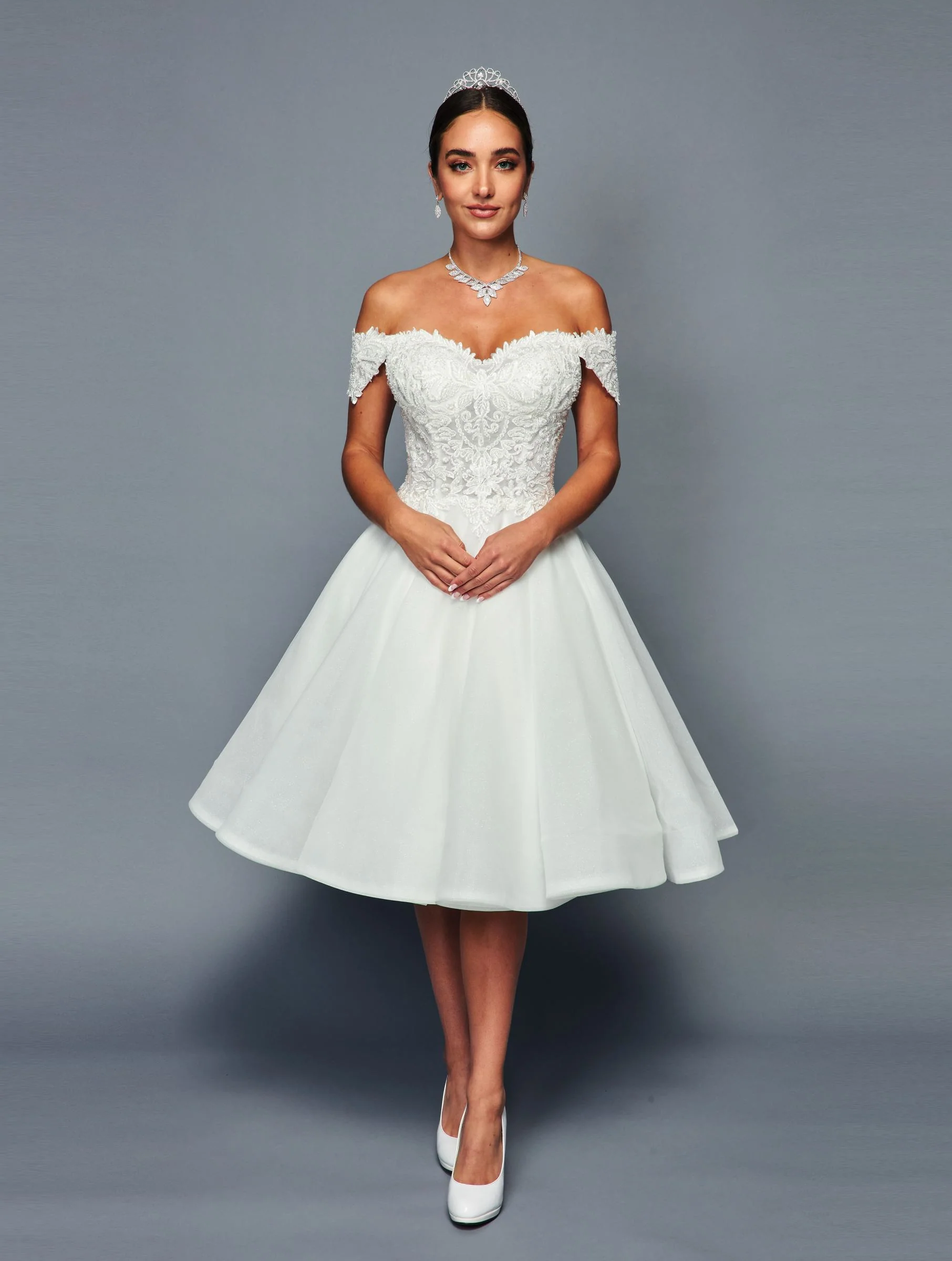 DeKlaire 467 Knee Length Off-the-Shoulder A-Line Wedding Dress