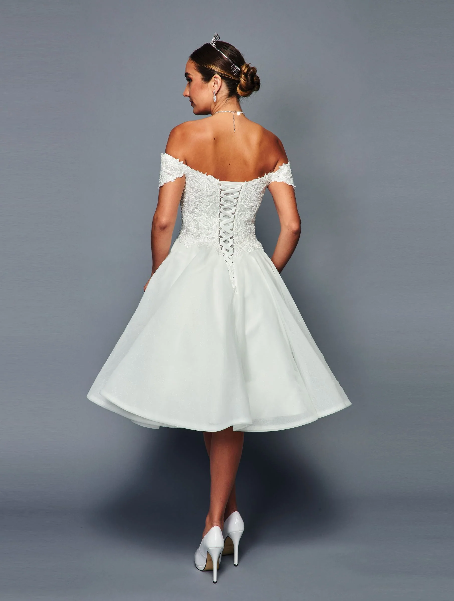 DeKlaire 467 Knee Length Off-the-Shoulder A-Line Wedding Dress - Image 2