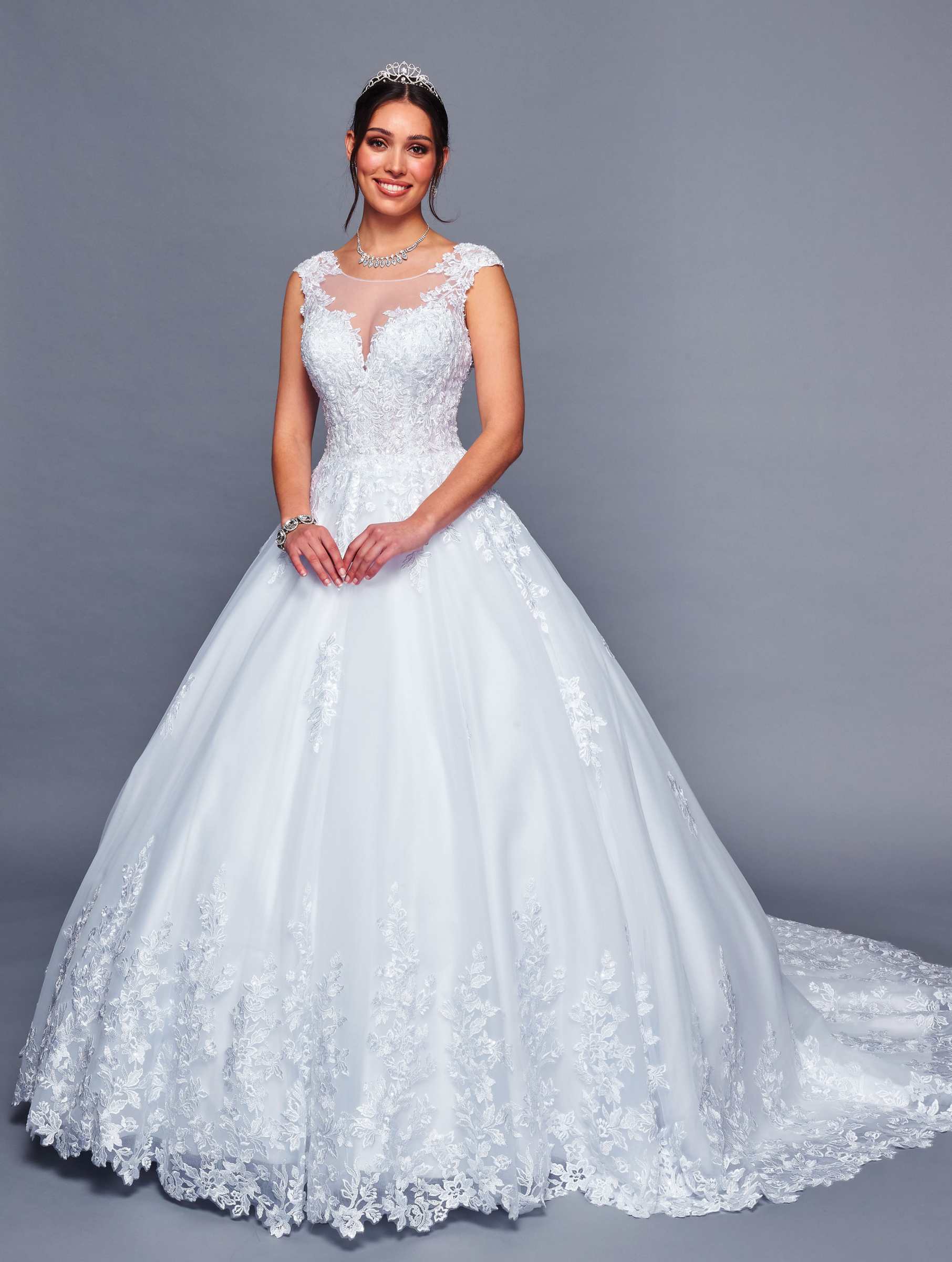 DeKlaire 474 A-Line Wedding Gown with Cap Sleeves & Illusion Boat Neckline