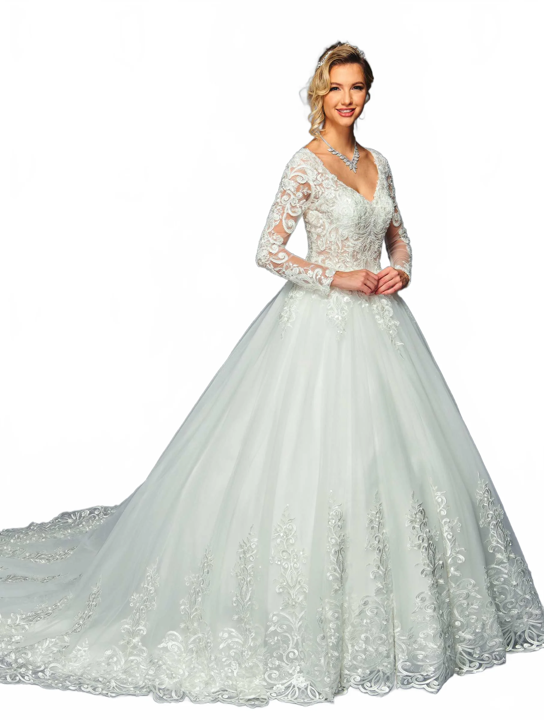DeKlaire 476 A-Line Wedding Ballgown with Long Sleeves & V-Neck - Image 4