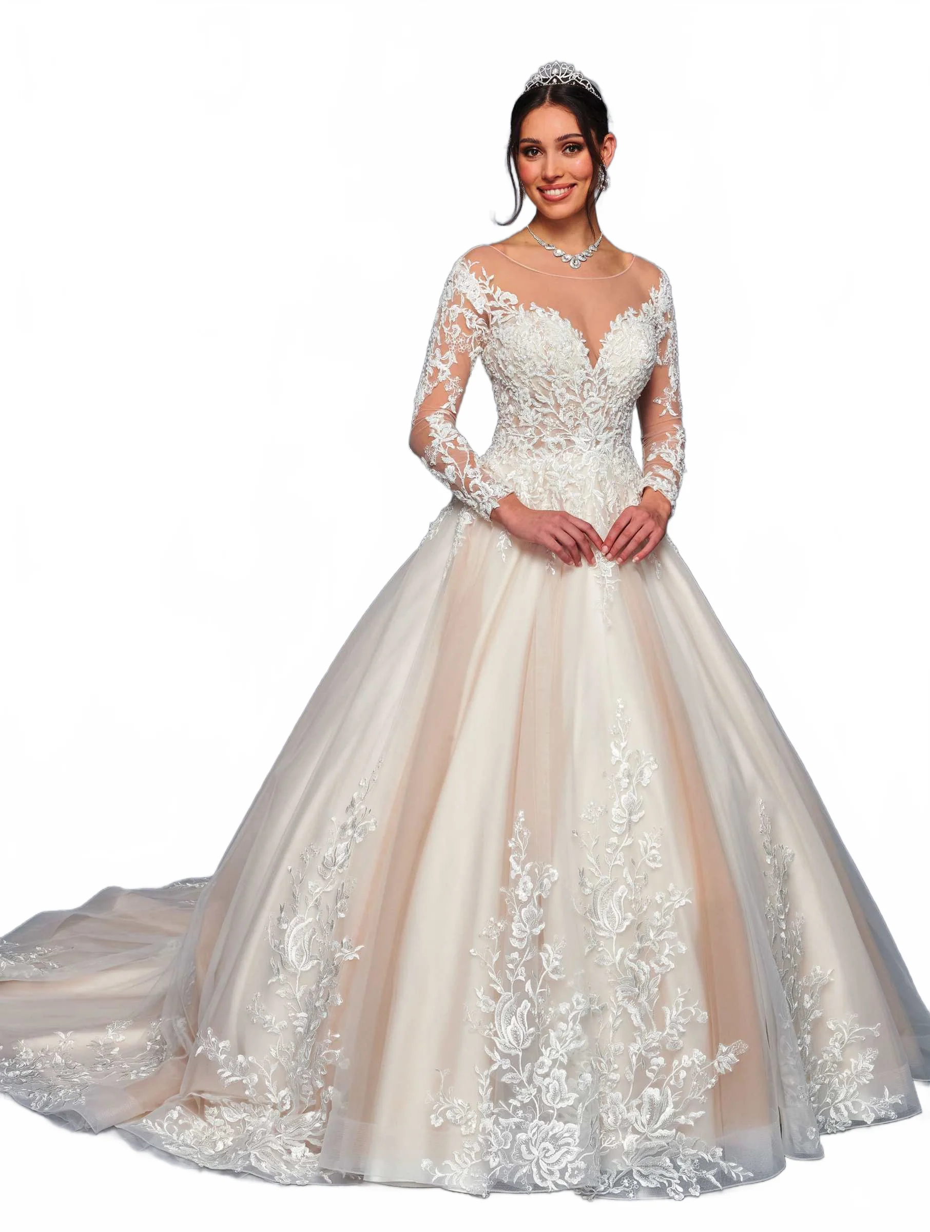 DeKlaire 478 Illusion Boat Neck Wedding Gown with Long Sleeves & Lace Appliqué - Image 6