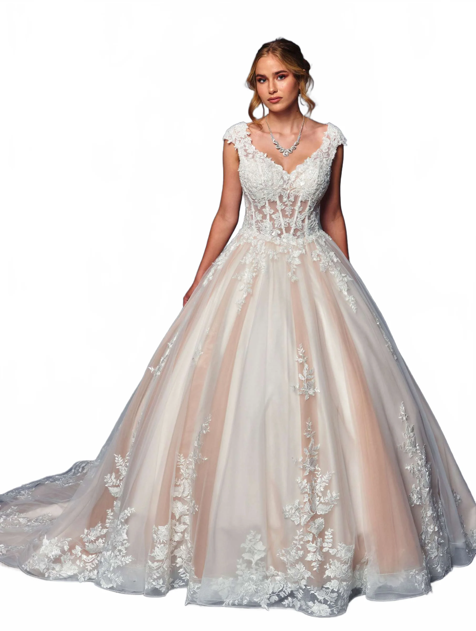 DeKlaire 490 A-Line Wedding Dress with Cap Sleeves and Chapel Train - Image 11