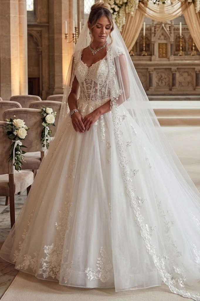 DeKlaire 490 A-Line Wedding Dress with Cap Sleeves and Chapel Train - Image 2