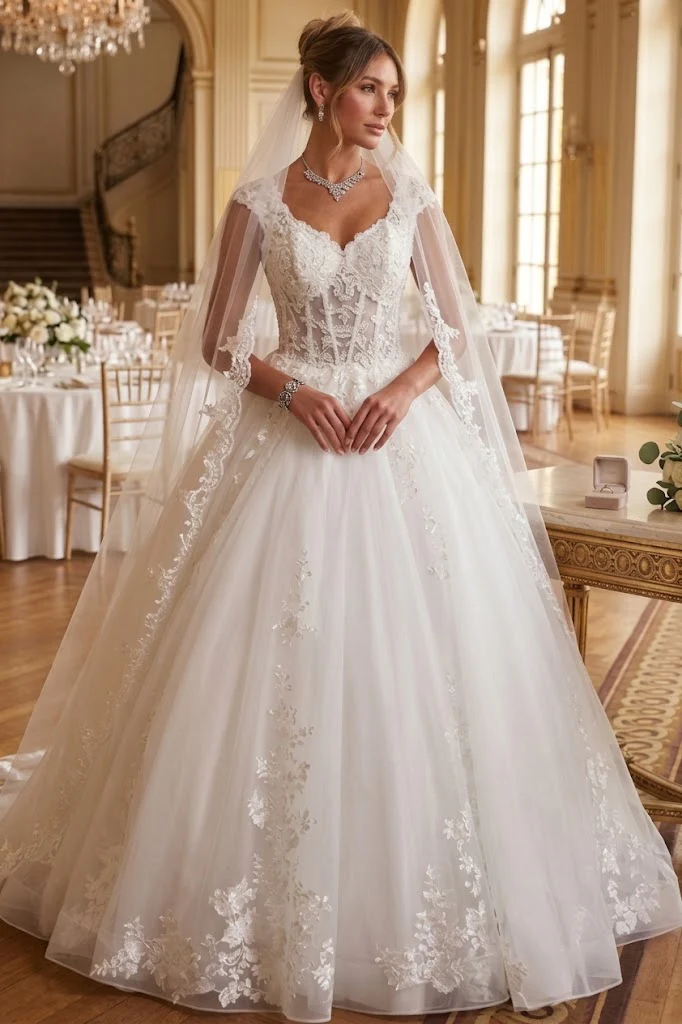 DeKlaire 490 A-Line Wedding Dress with Cap Sleeves and Chapel Train - Image 3