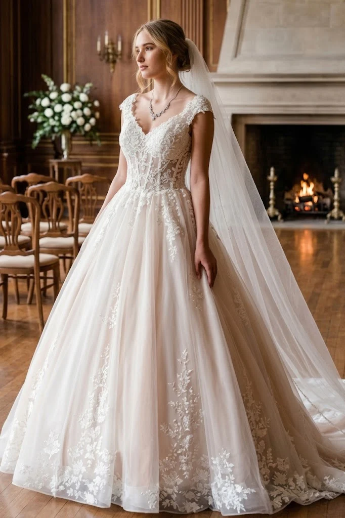 DeKlaire 490 A-Line Wedding Dress with Cap Sleeves and Chapel Train - Image 4