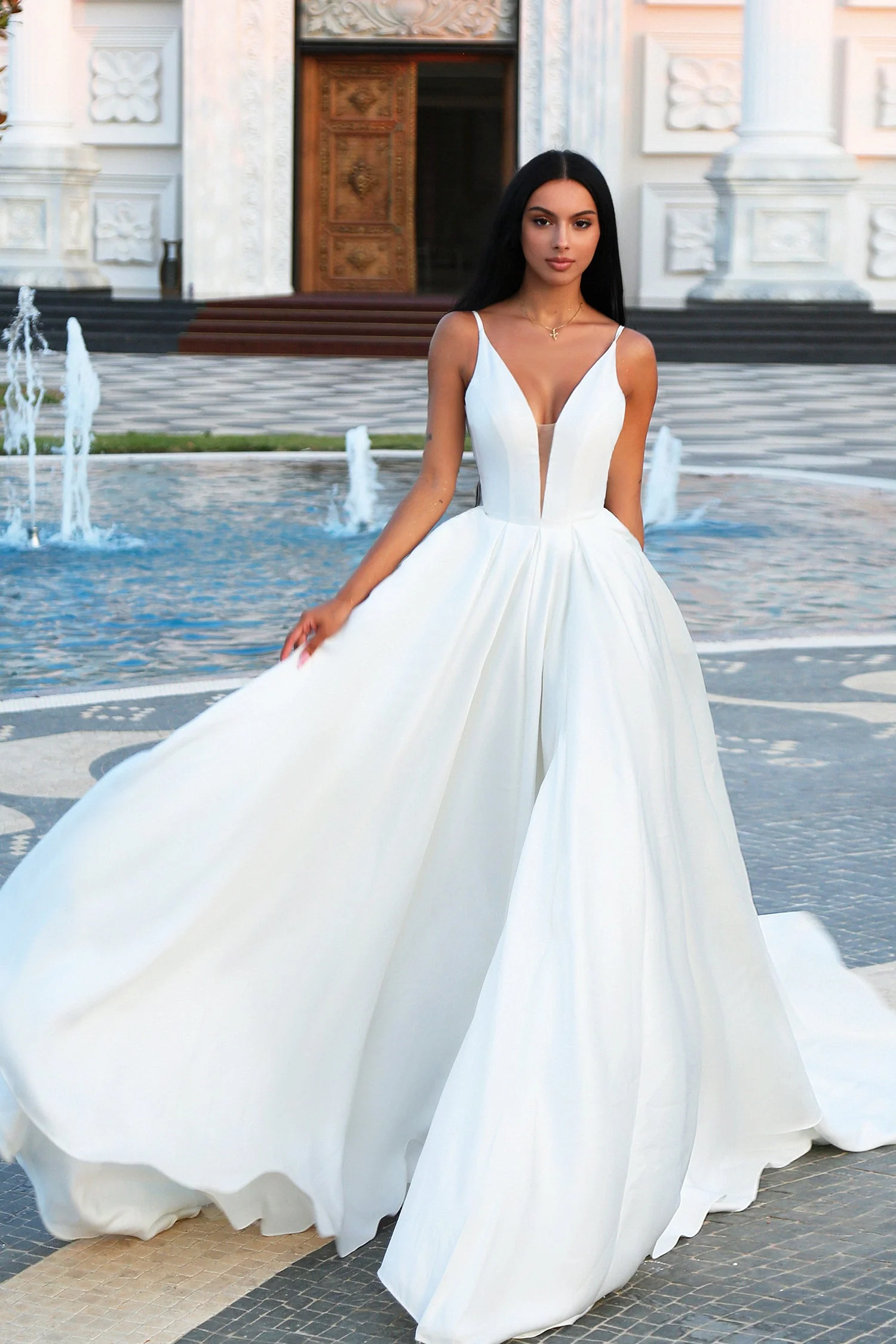 Tina Holly TF002 Wedding A-Line Spaghetti Strap High Slit Mikado Dress - Image 3