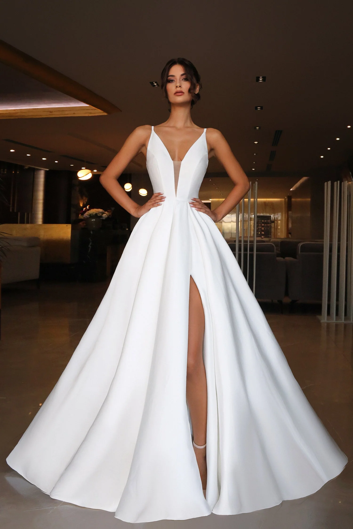 Tina Holly TF002 Wedding A-Line Spaghetti Strap High Slit Mikado Dress - Image 6