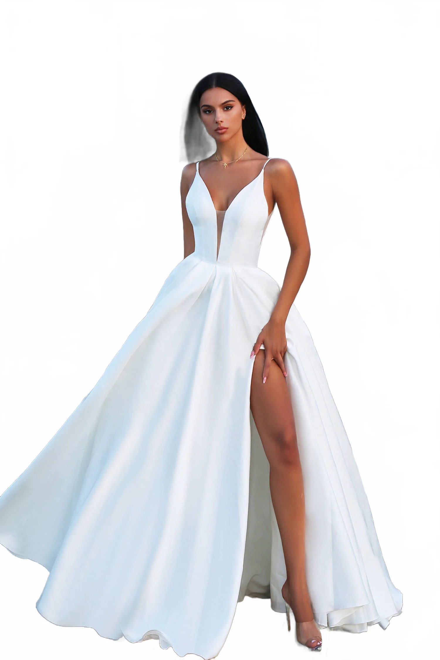 Tina Holly TF002 Wedding A-Line Spaghetti Strap High Slit Mikado Dress - Image 8