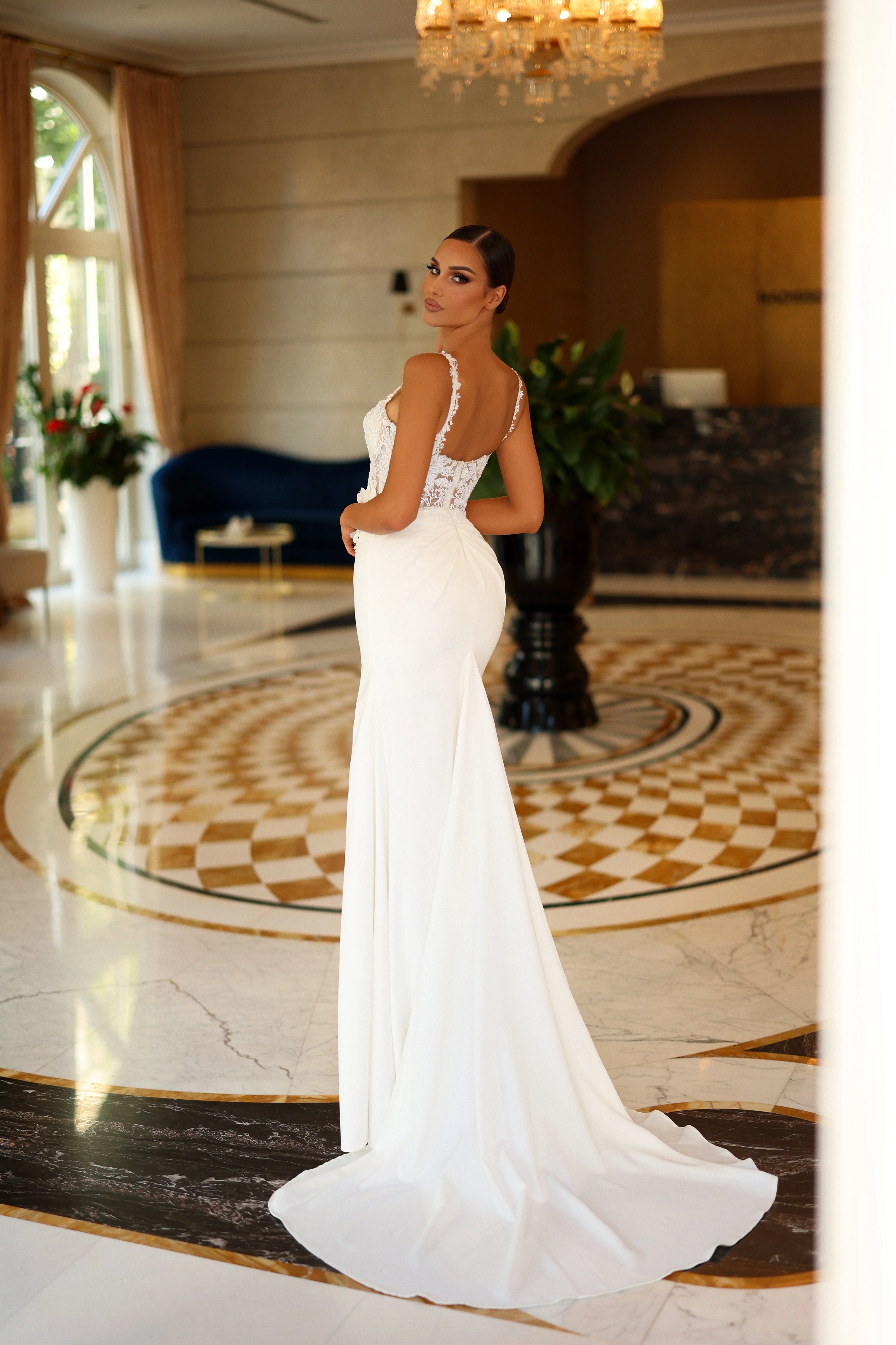 Tina Holly TW901 Wedding Sheath Plunging 3D Lace Lace Appliqué Lace Crepe Dress - Image 2