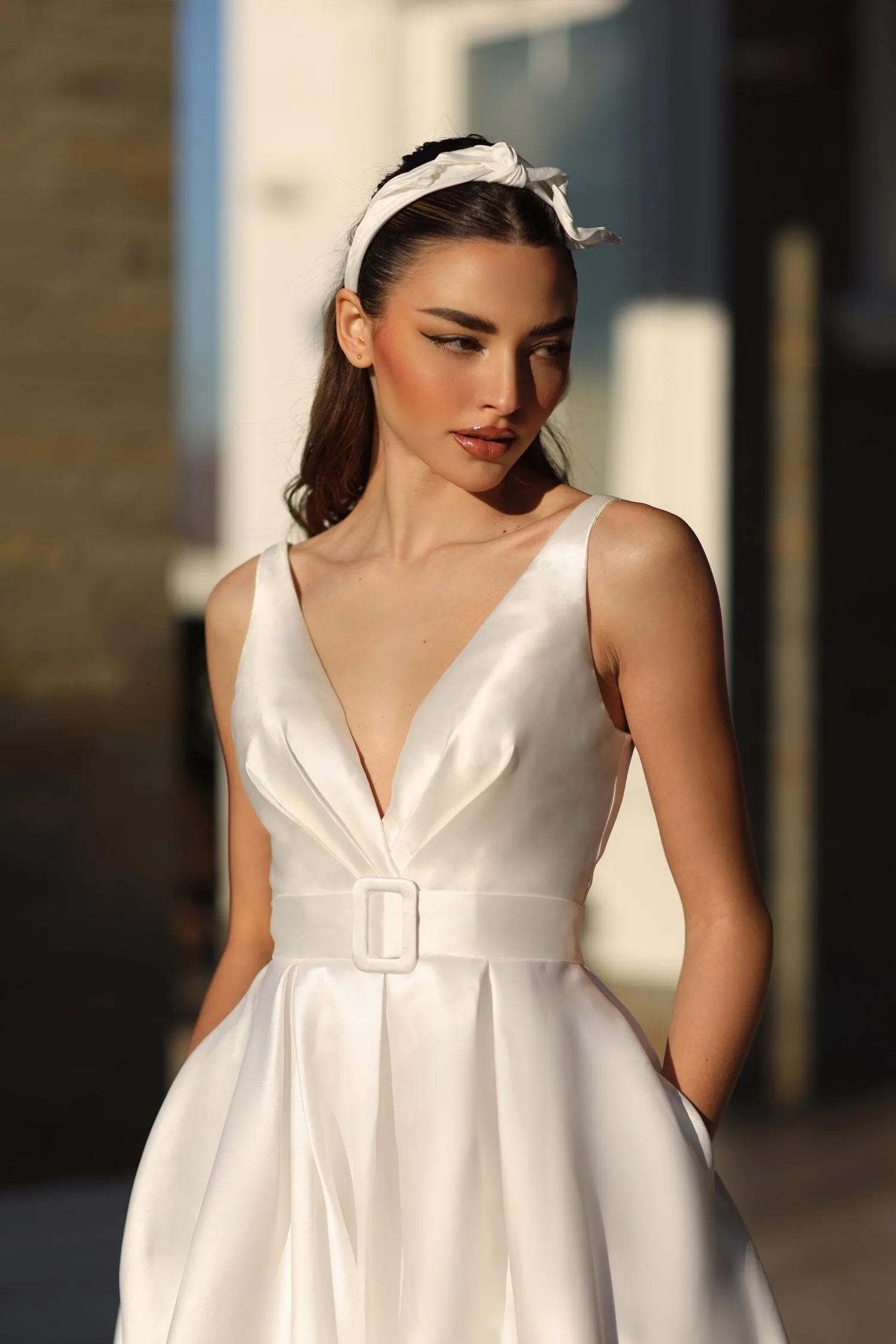 Tina Holly BB209W Wedding A-Line High Slit Pockets Flowy Mikado Dress - Image 4