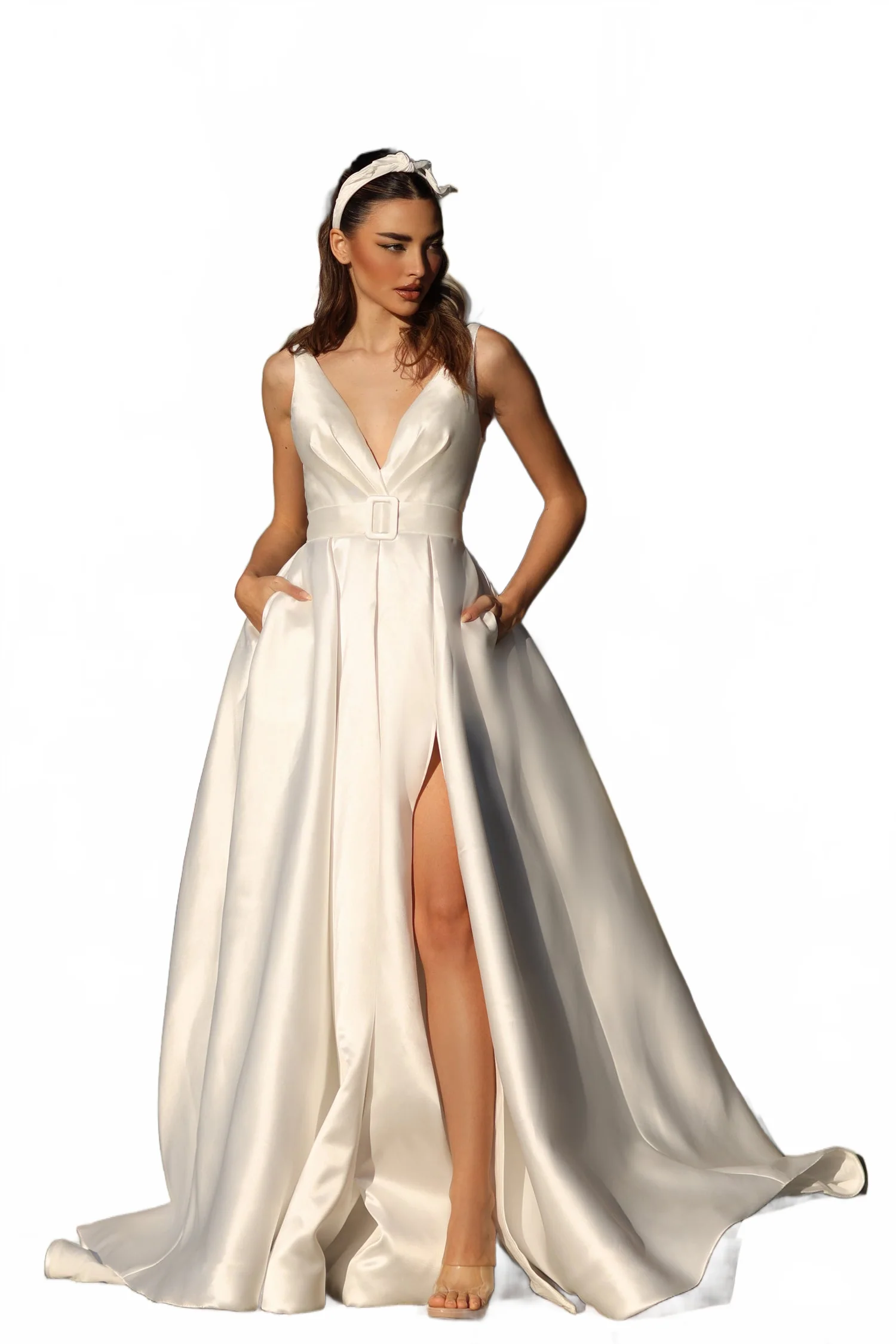 Tina Holly BB209W Wedding A-Line High Slit Pockets Flowy Mikado Dress - Image 7