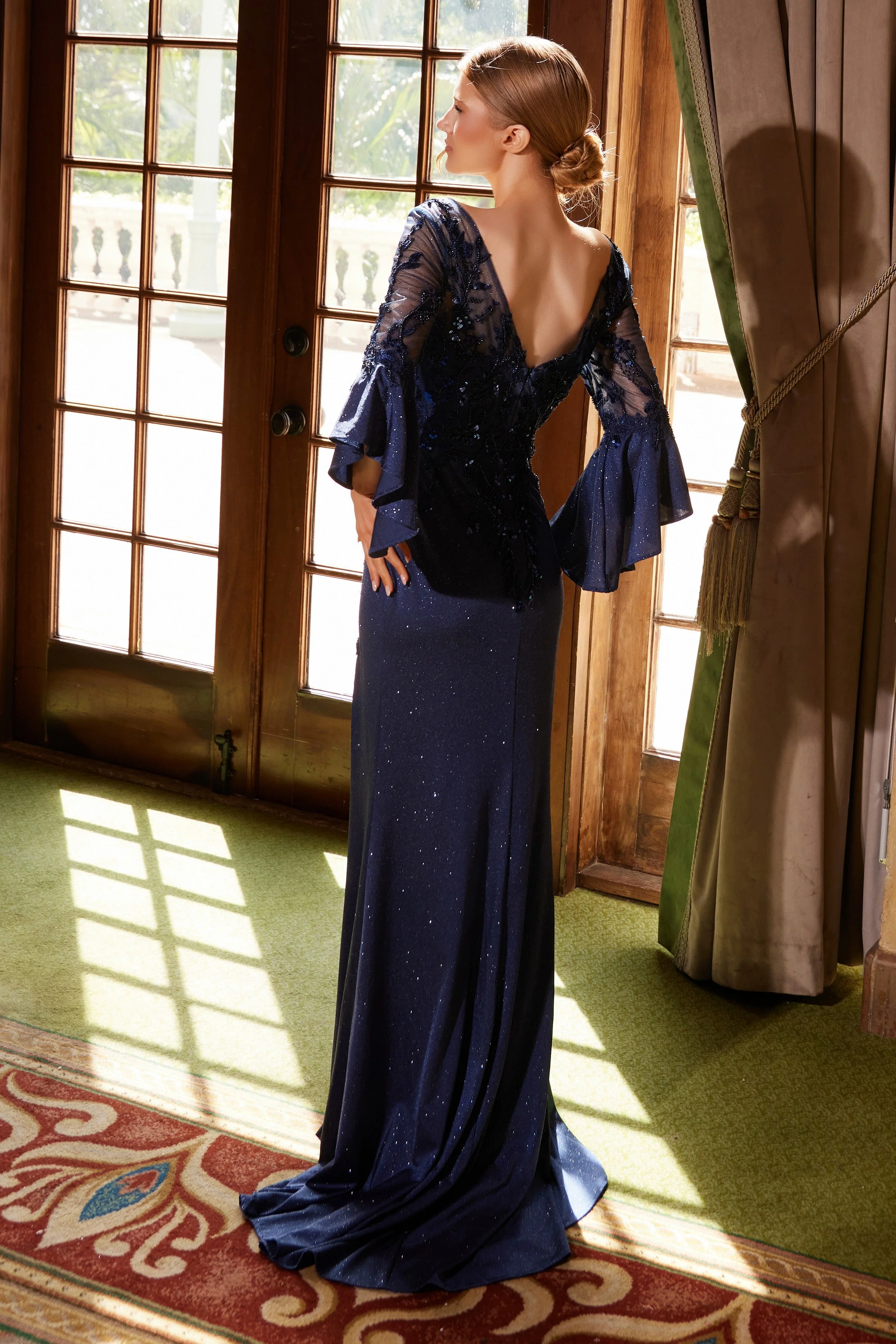 Elegant Mother of Bride Dress Appliqué Bell Sleeve Slit Evening Gown - Image 10