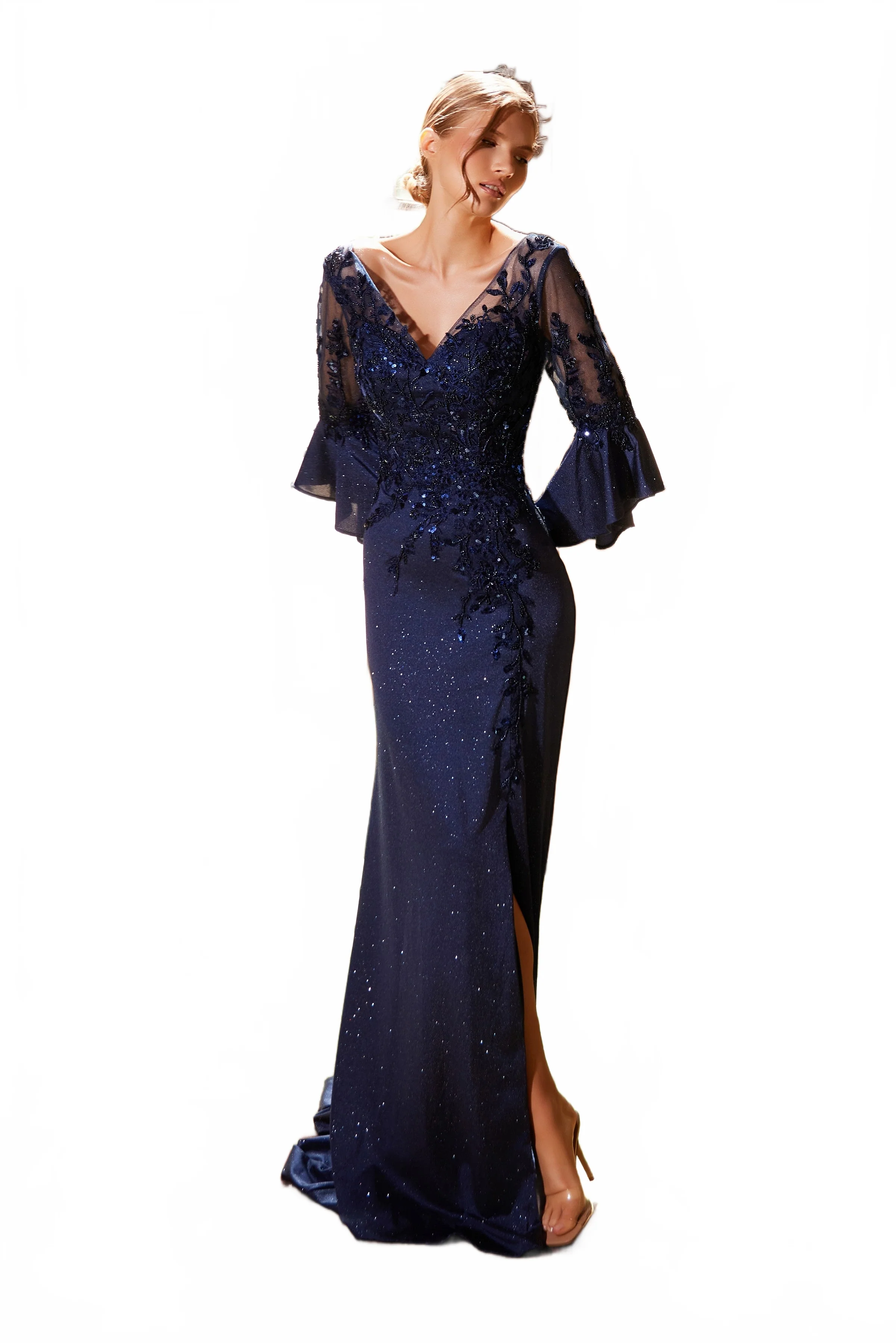 Elegant Mother of Bride Dress Appliqué Bell Sleeve Slit Evening Gown - Image 28