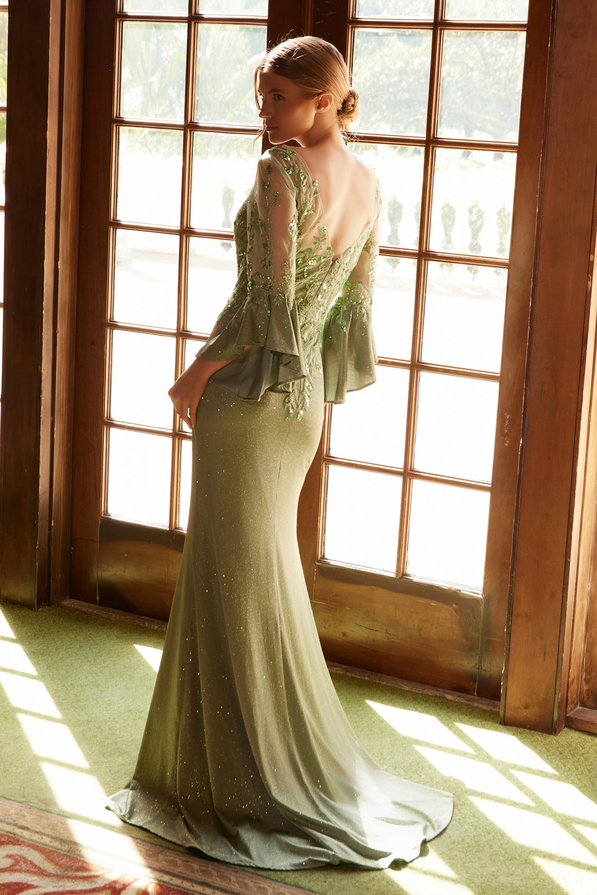 Elegant Mother of Bride Dress Appliqué Bell Sleeve Slit Evening Gown - Image 6