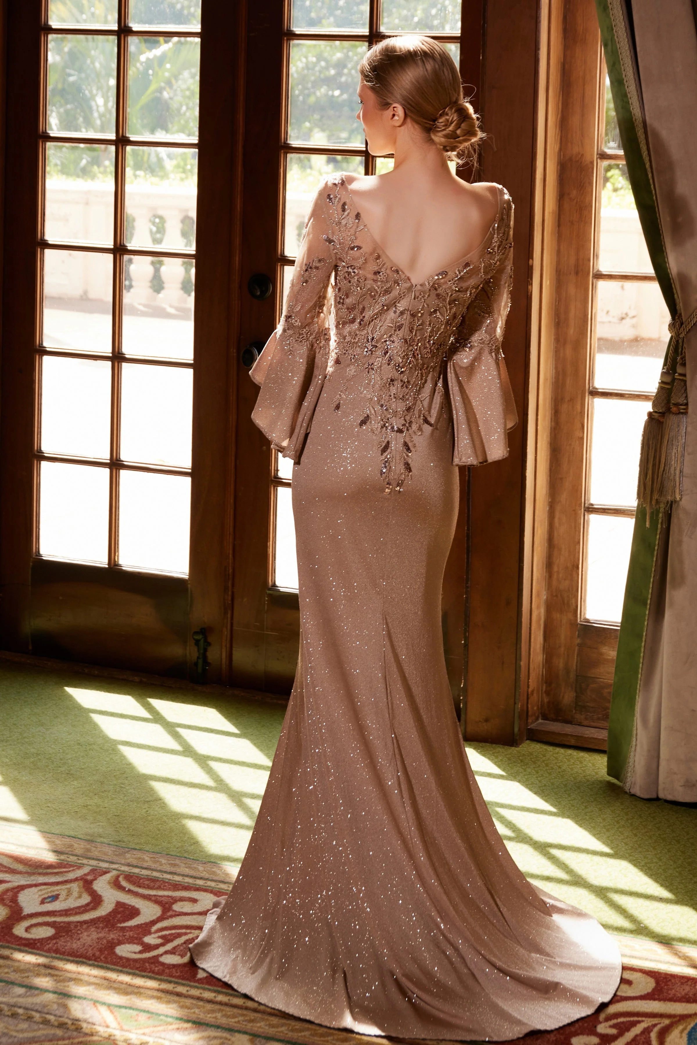 Elegant Mother of Bride Dress Appliqué Bell Sleeve Slit Evening Gown - Image 8