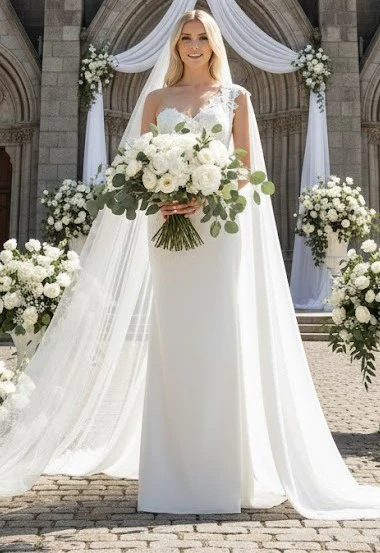Elegant One-Shoulder Lace Wedding Dress with Chiffon Cape – Floral Appliqué Mermaid Bridal Gown by Amelia Couture 388 - Image 2