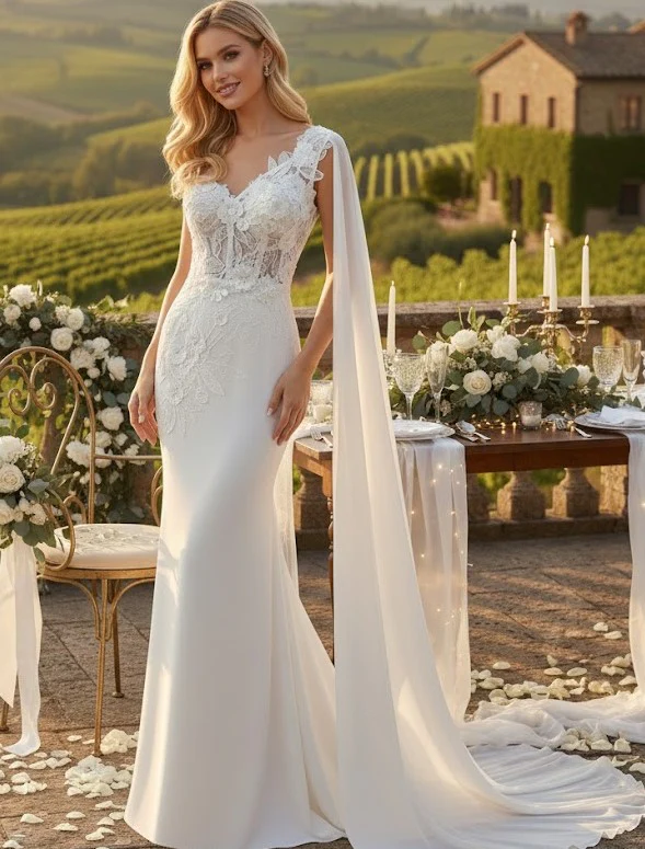 Elegant One-Shoulder Lace Wedding Dress with Chiffon Cape – Floral Appliqué Mermaid Bridal Gown by Amelia Couture 388 - Image 3