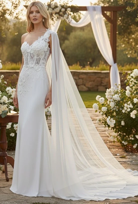 Elegant One-Shoulder Lace Wedding Dress with Chiffon Cape – Floral Appliqué Mermaid Bridal Gown by Amelia Couture 388 - Image 4
