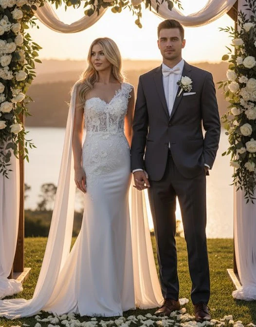 Elegant One-Shoulder Lace Wedding Dress with Chiffon Cape – Floral Appliqué Mermaid Bridal Gown by Amelia Couture 388 - Image 5