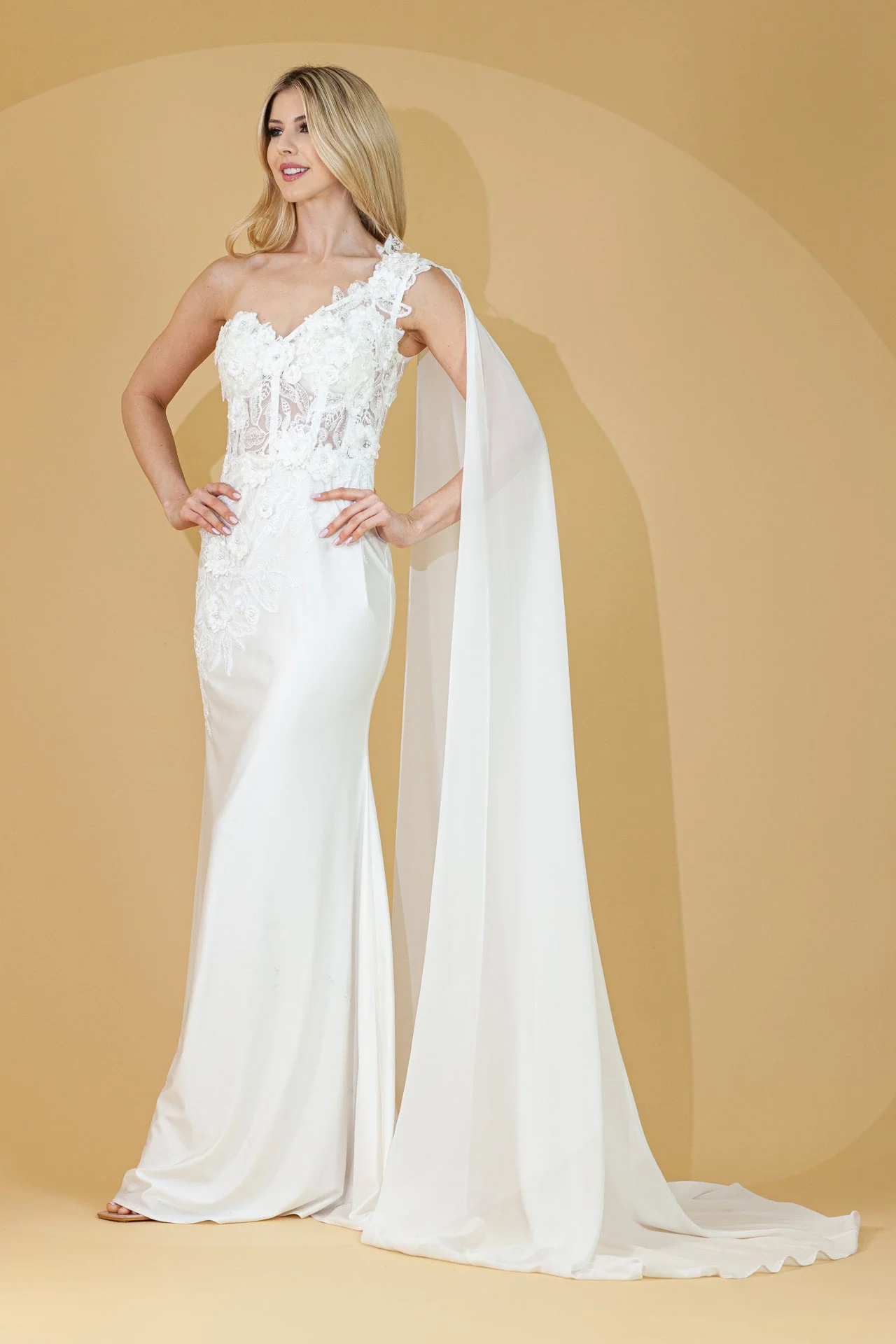Elegant One-Shoulder Lace Wedding Dress with Chiffon Cape – Floral Appliqué Mermaid Bridal Gown by Amelia Couture 388 - Image 6