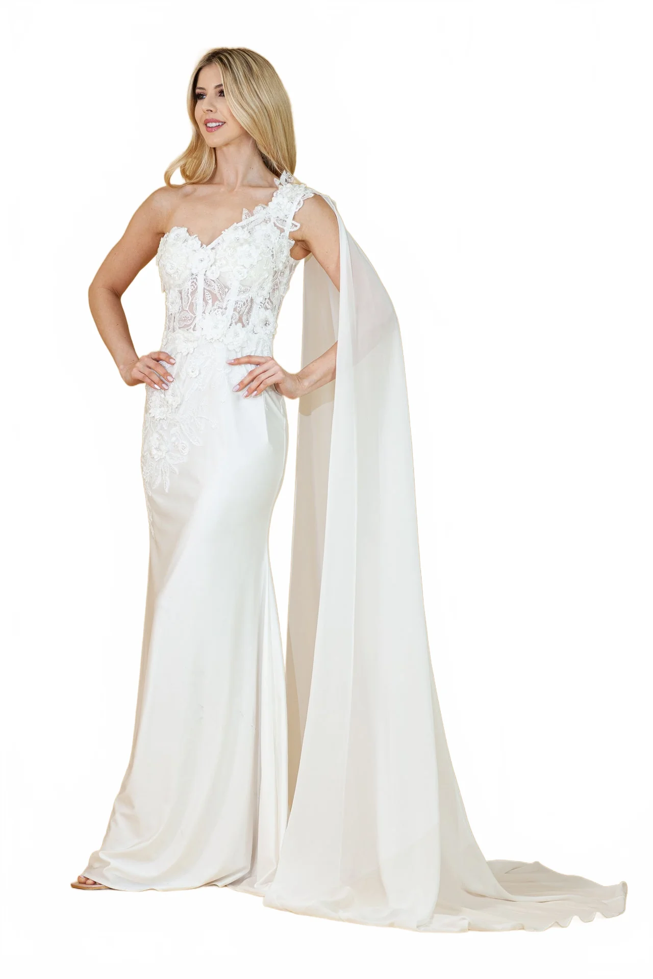 Elegant One-Shoulder Lace Wedding Dress with Chiffon Cape – Floral Appliqué Mermaid Bridal Gown by Amelia Couture 388 - Image 9