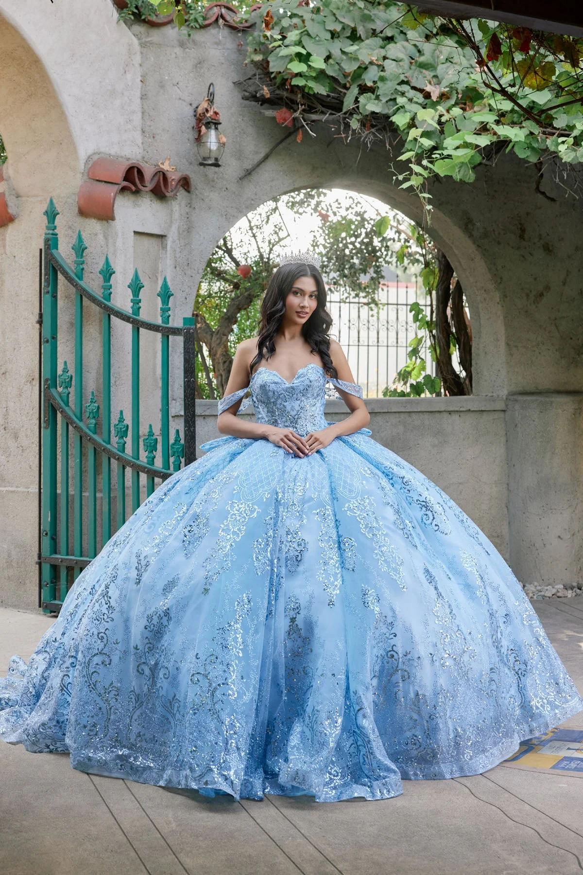 Juliet 1510H Embellished Beaded Sequin Off-Shoulder Glitter Tulle Quinceanera Dress - Image 6