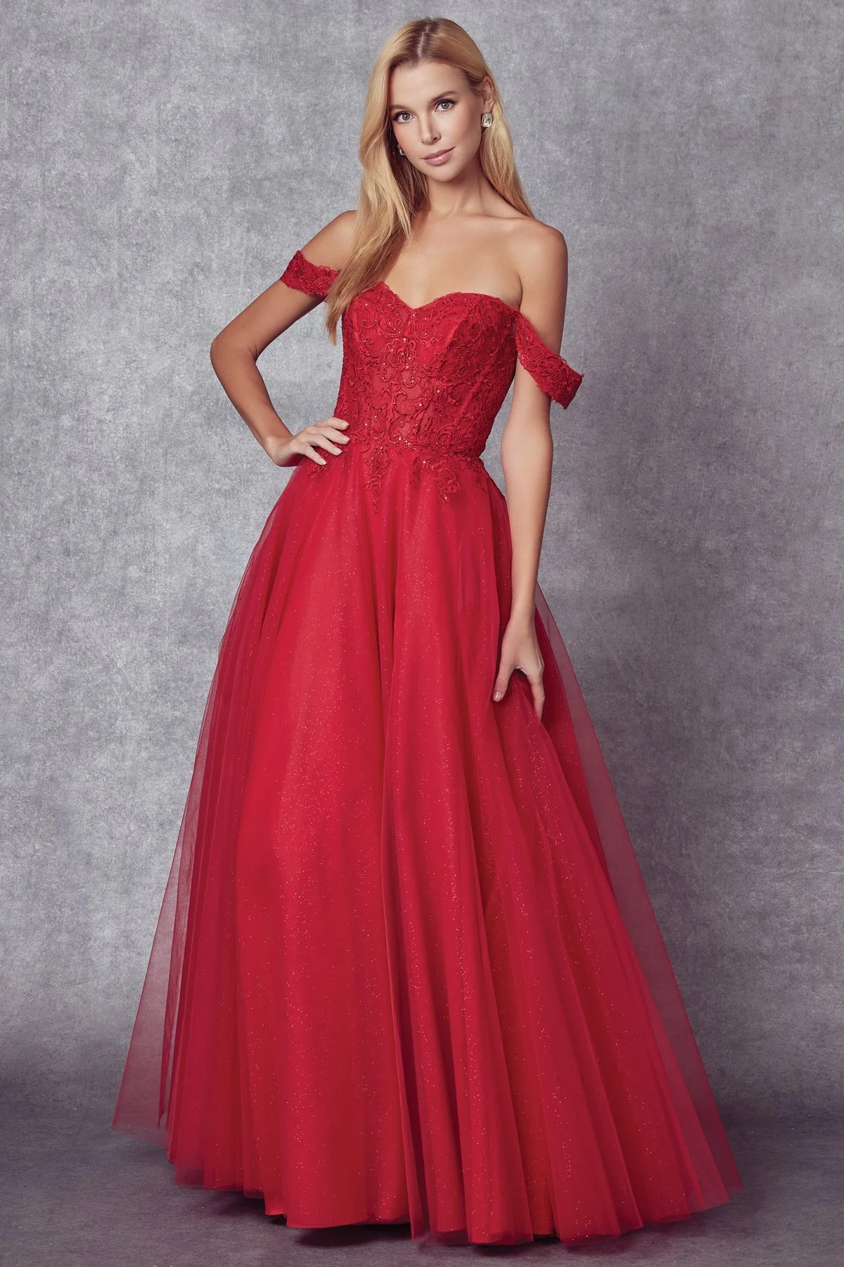 Juliet 280 Embroidered Illusion Bodice Glitter Tulle Off Shoulder Dress - Image 10