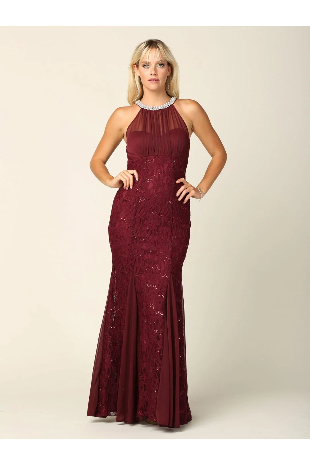 Eva USA 3202 Long Fitted Formal Halter Lace Chiffon Dress