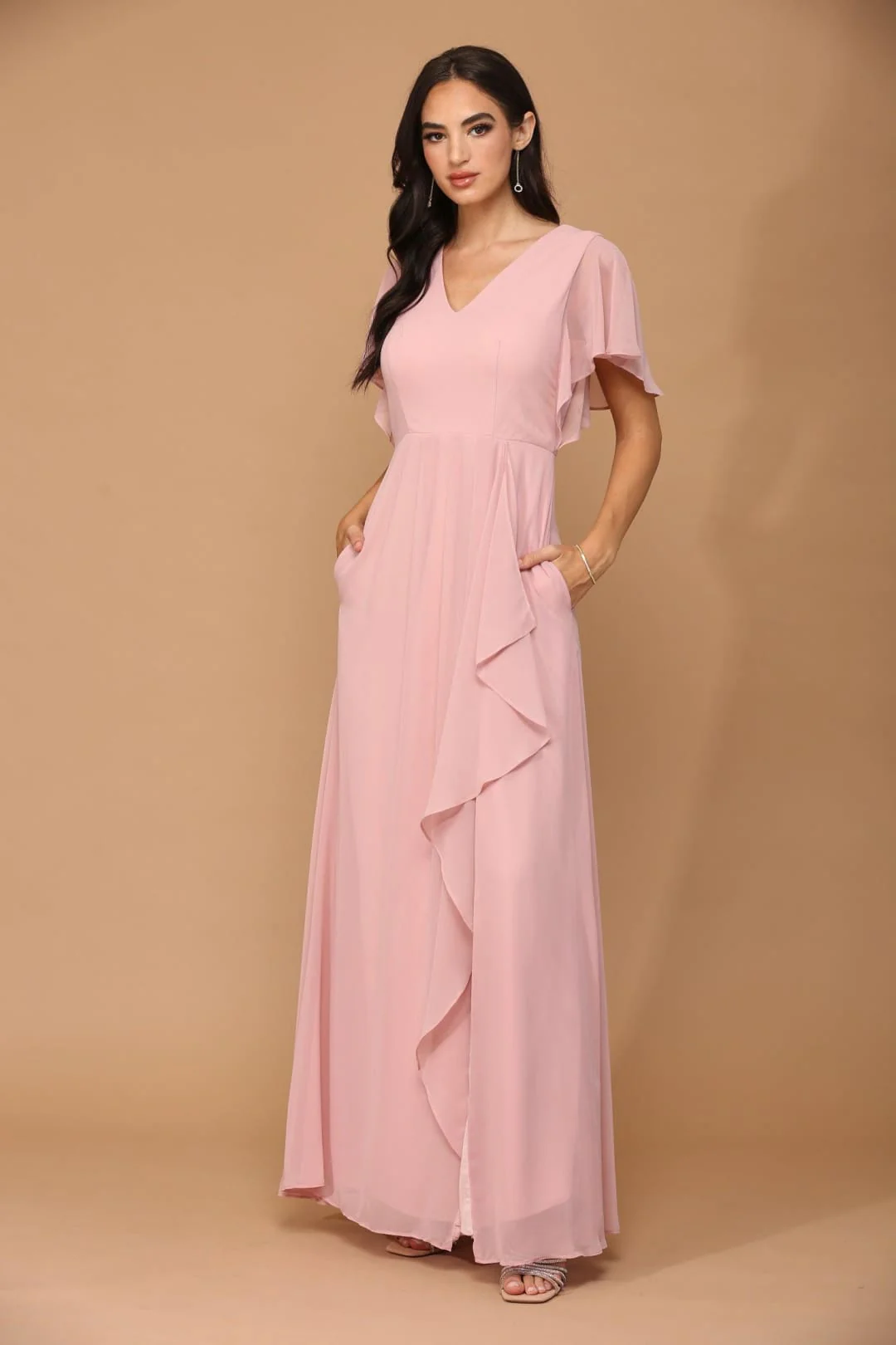 Eva USA 3442 Long Formal Ruffle Sleeve Chiffon Evening Dress - Image 3