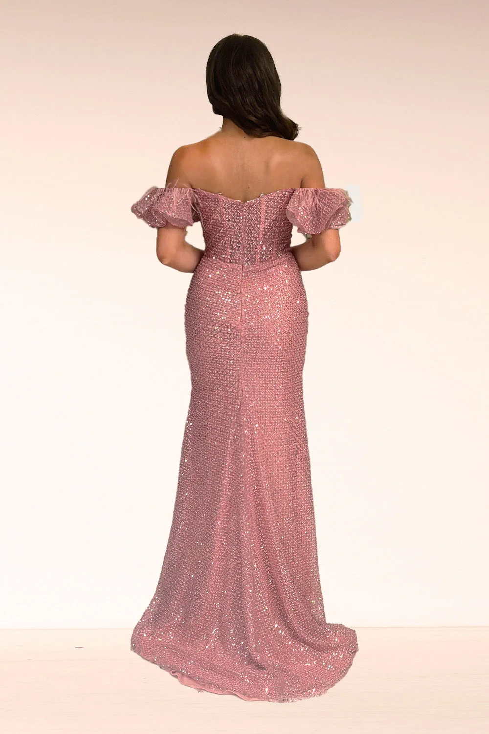 Feather Fitted Off Shoulder Slit Gown by Lucci Lu 1345 - Image 2