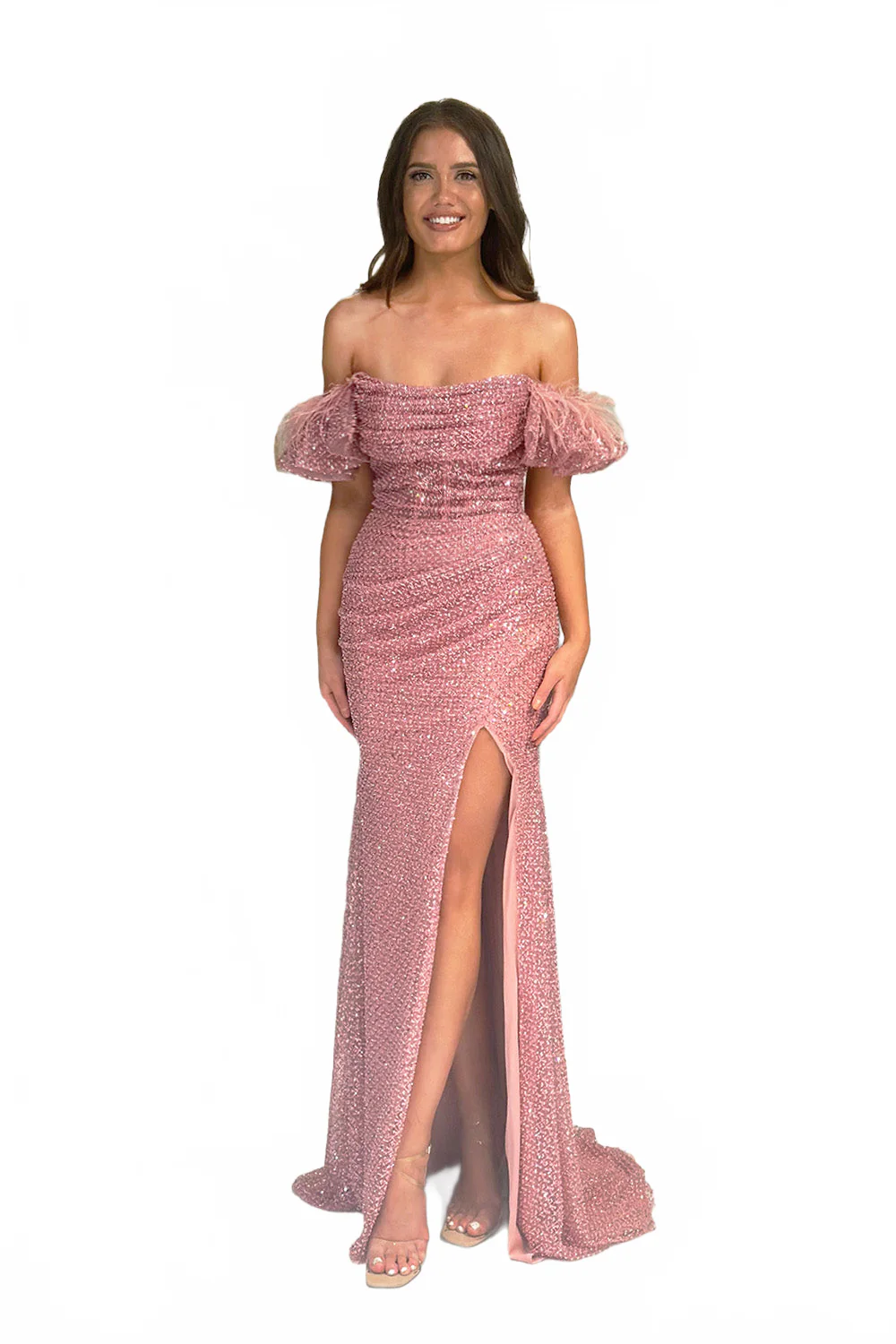 Feather Fitted Off Shoulder Slit Gown by Lucci Lu 1345 - Image 4