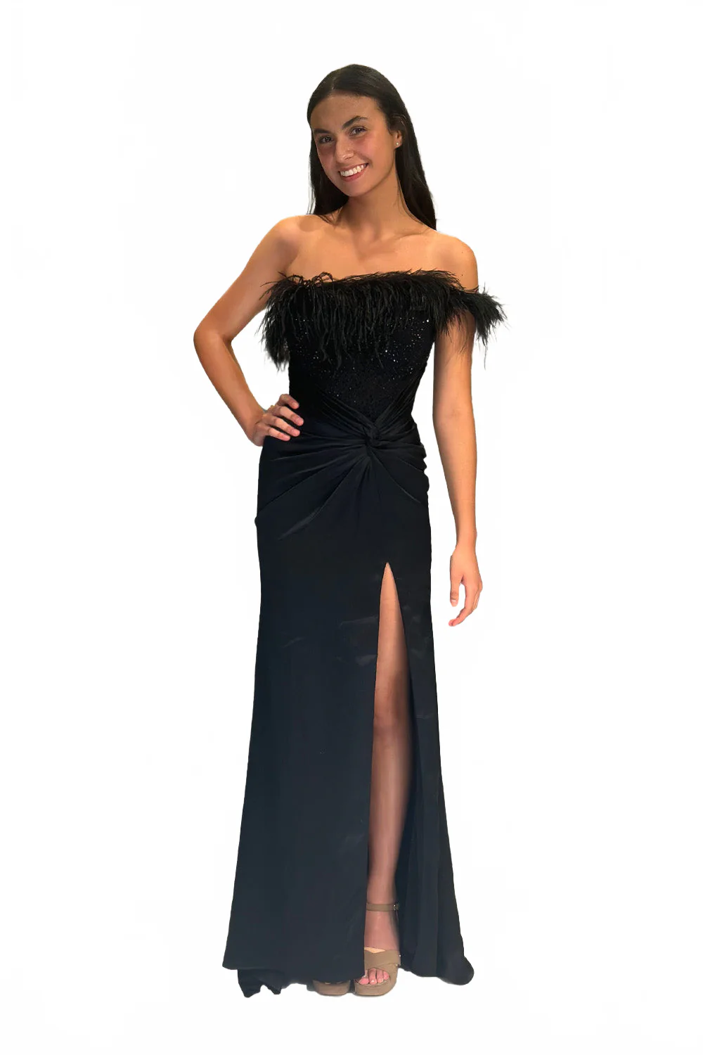 Feather Off Shoulder Slit Gown by Lucci Lu 1326 - Image 4