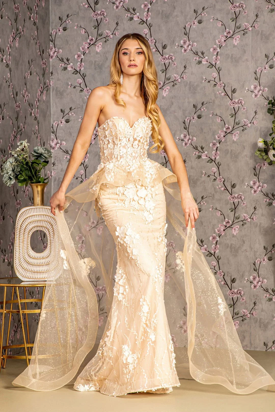 Fitted 3D Floral Strapless Overskirt Gown by GLS Gloria GL3257