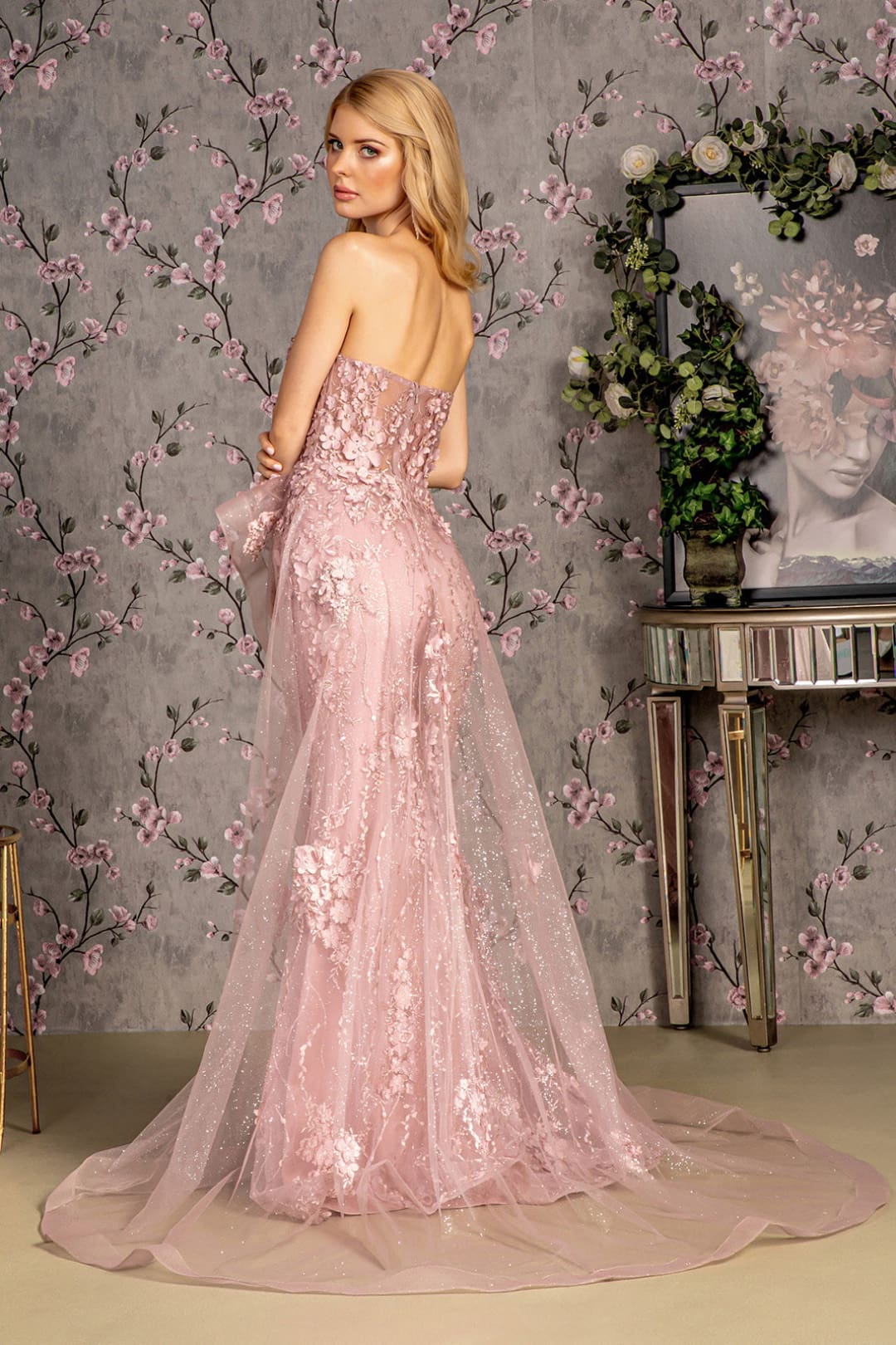 Fitted 3D Floral Strapless Overskirt Gown by GLS Gloria GL3257 - Image 2