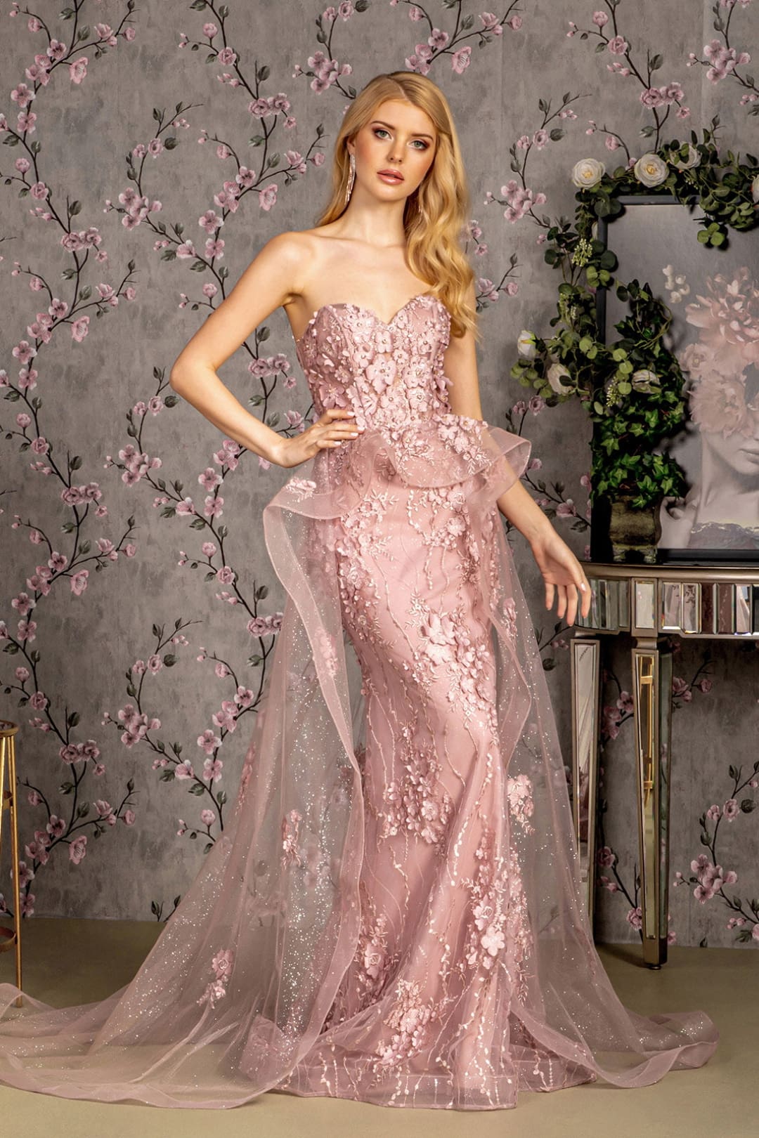 Fitted 3D Floral Strapless Overskirt Gown by GLS Gloria GL3257 - Image 3
