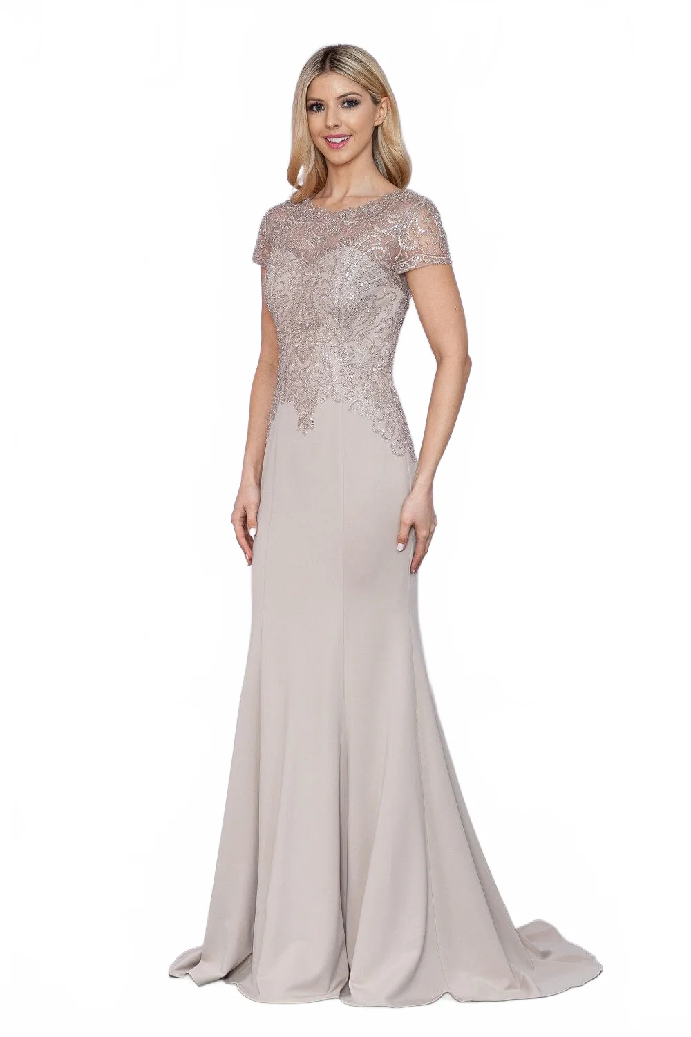 Poly USA 9320 Fitted Beaded Sheer Short Sleeve Gown - Image 10