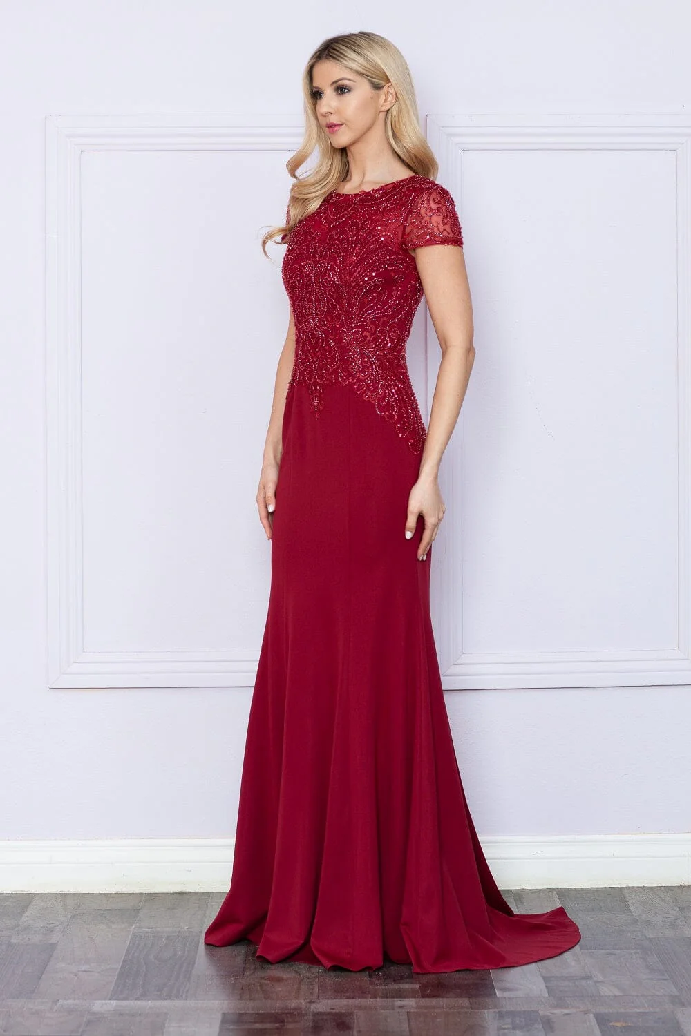 Poly USA 9320 Fitted Beaded Sheer Short Sleeve Gown - Image 3