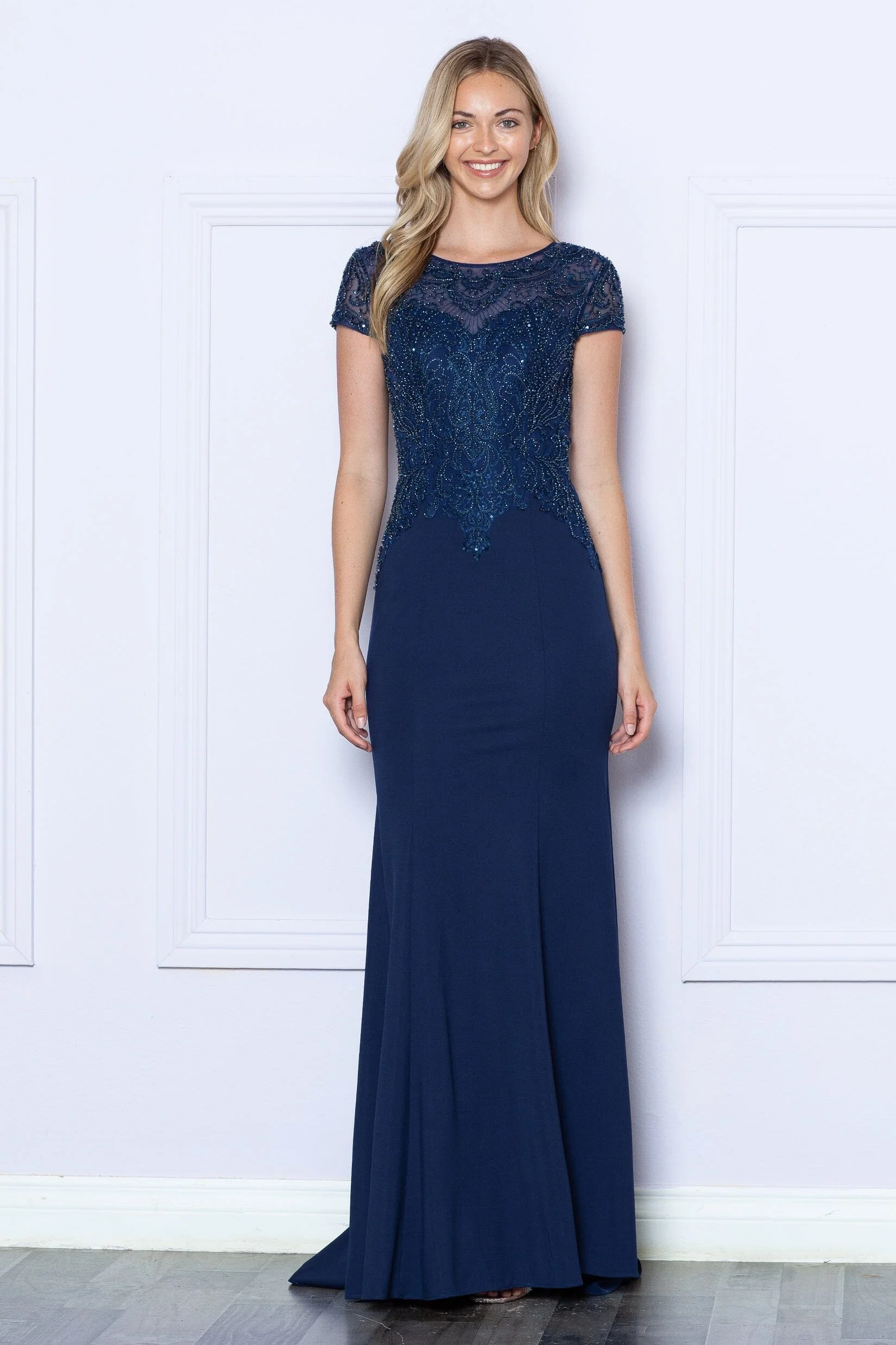 Poly USA 9320 Fitted Beaded Sheer Short Sleeve Gown - Image 4