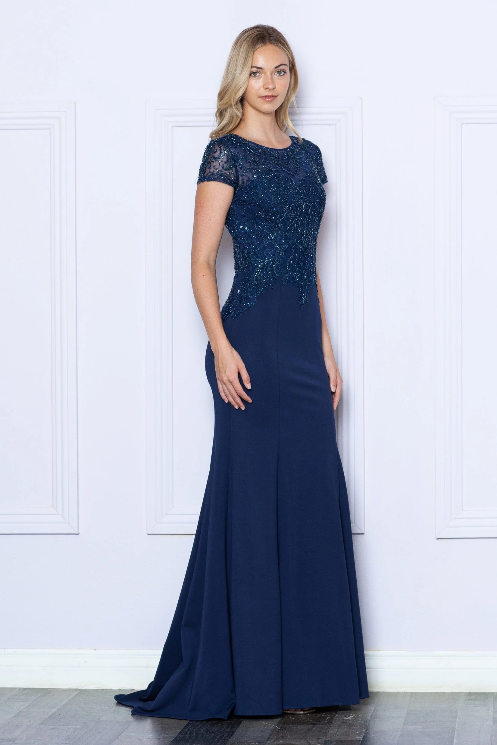 Poly USA 9320 Fitted Beaded Sheer Short Sleeve Gown - Image 6