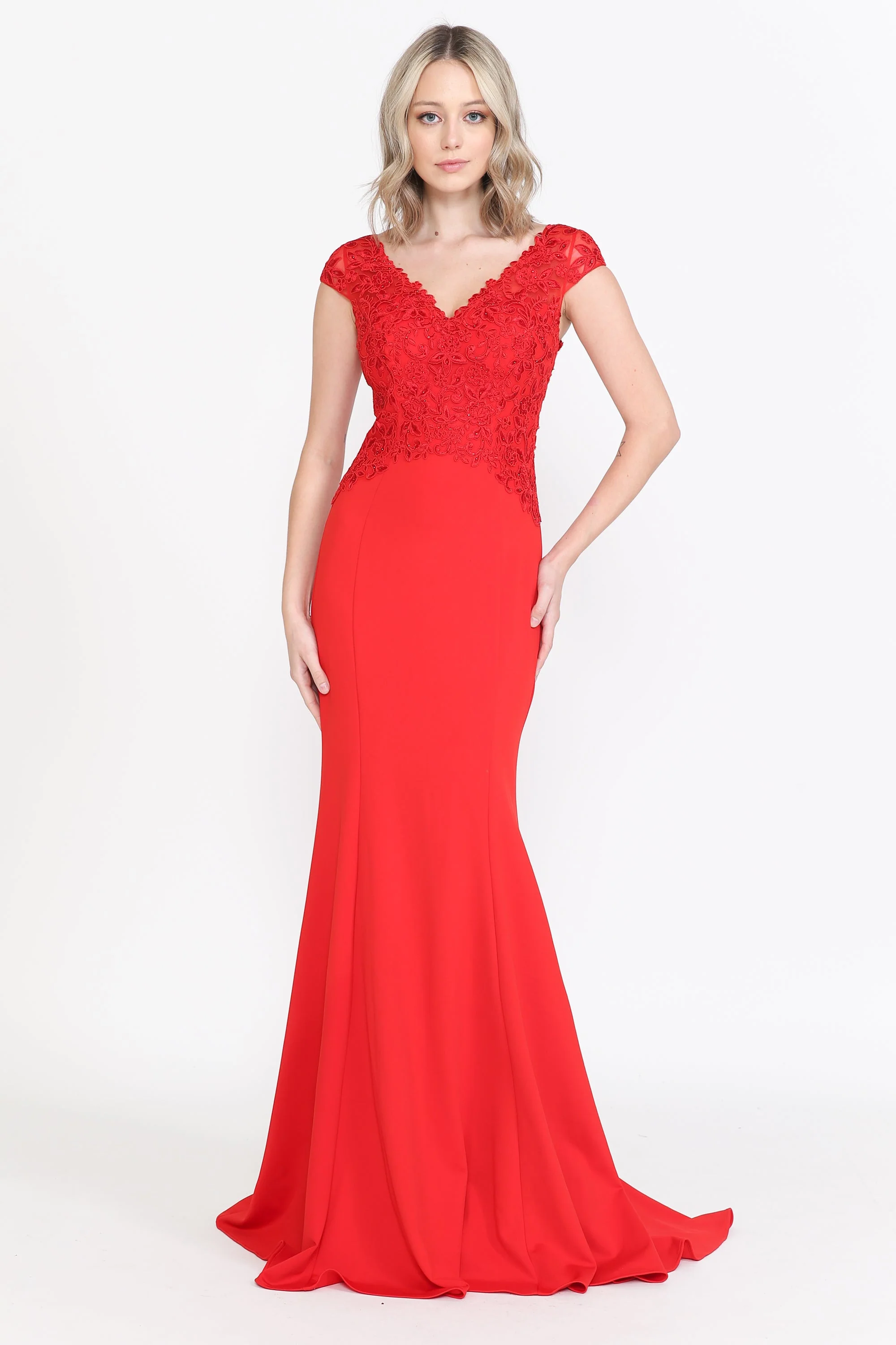 Poly USA 8558 Fitted Embroidered Cap Sleeve Gown
