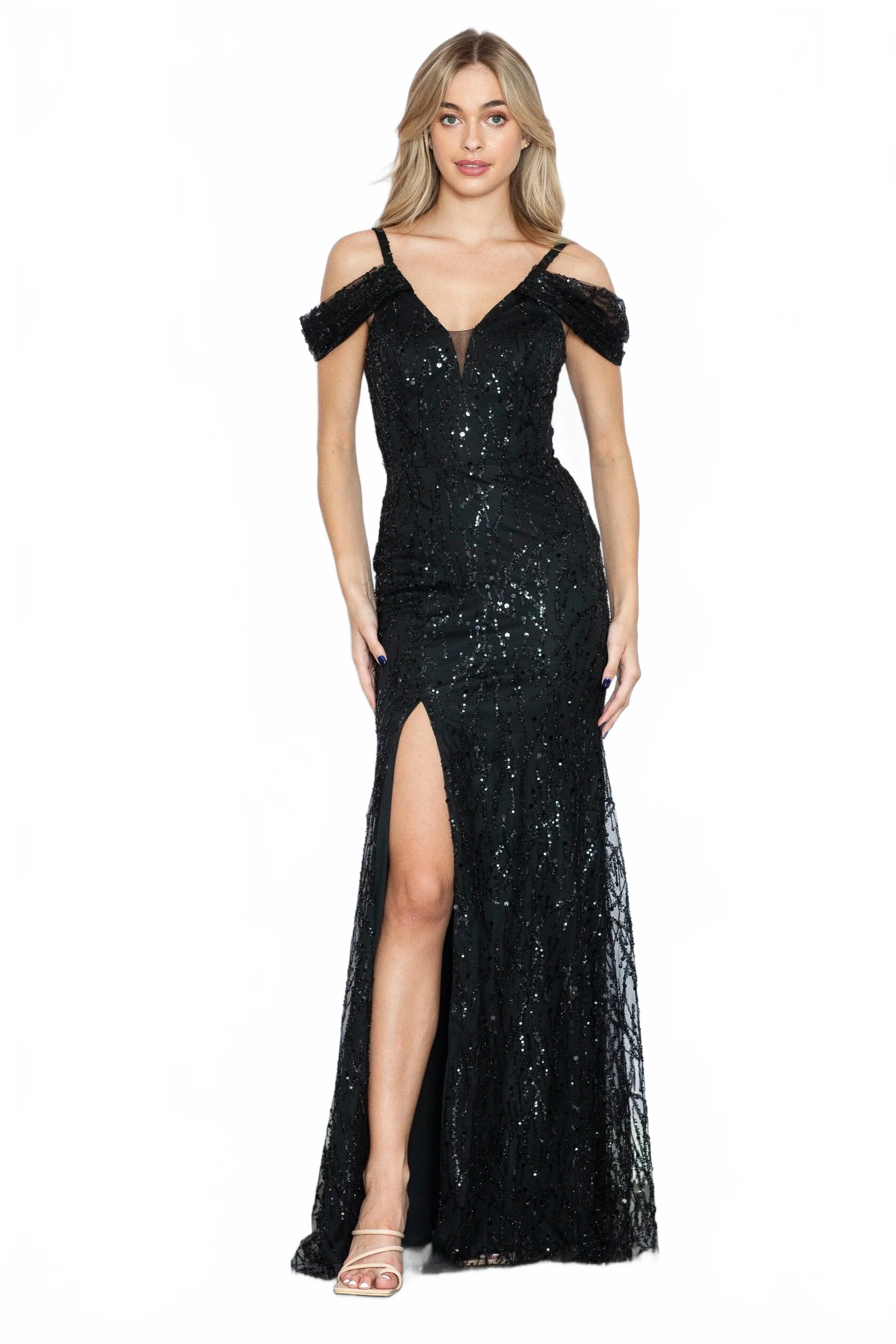 Poly USA 9384 Fitted Glitter Print Cold Shoulder Slit Gown - Image 5