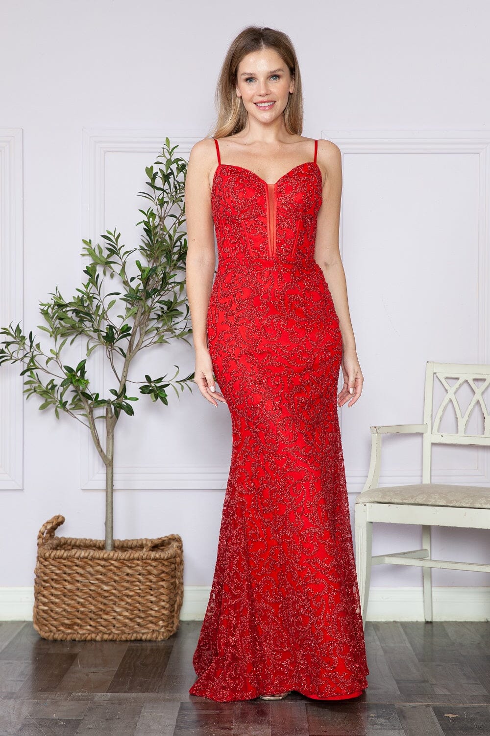 Poly USA 9354 Fitted Glitter Print Sleeveless Corset Gown - Image 8