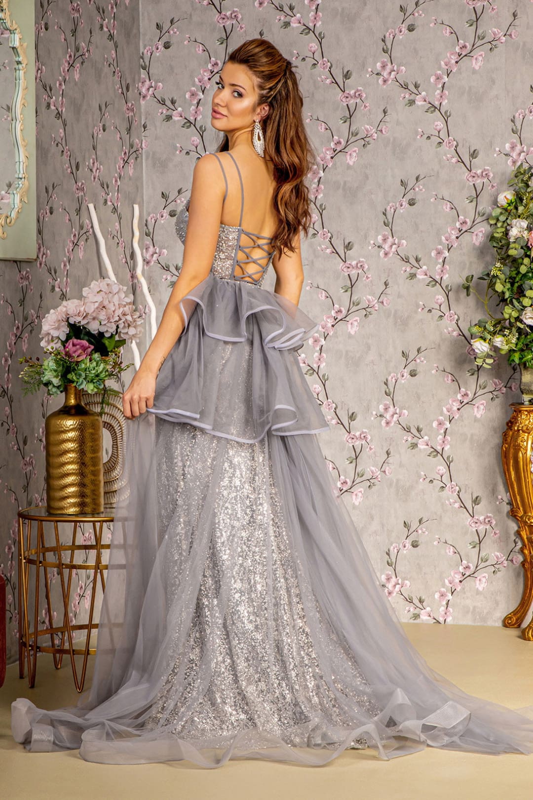 Fitted Glitter Sleeveless Overskirt Slit Gown by GLS Gloria GL3273 - Image 2