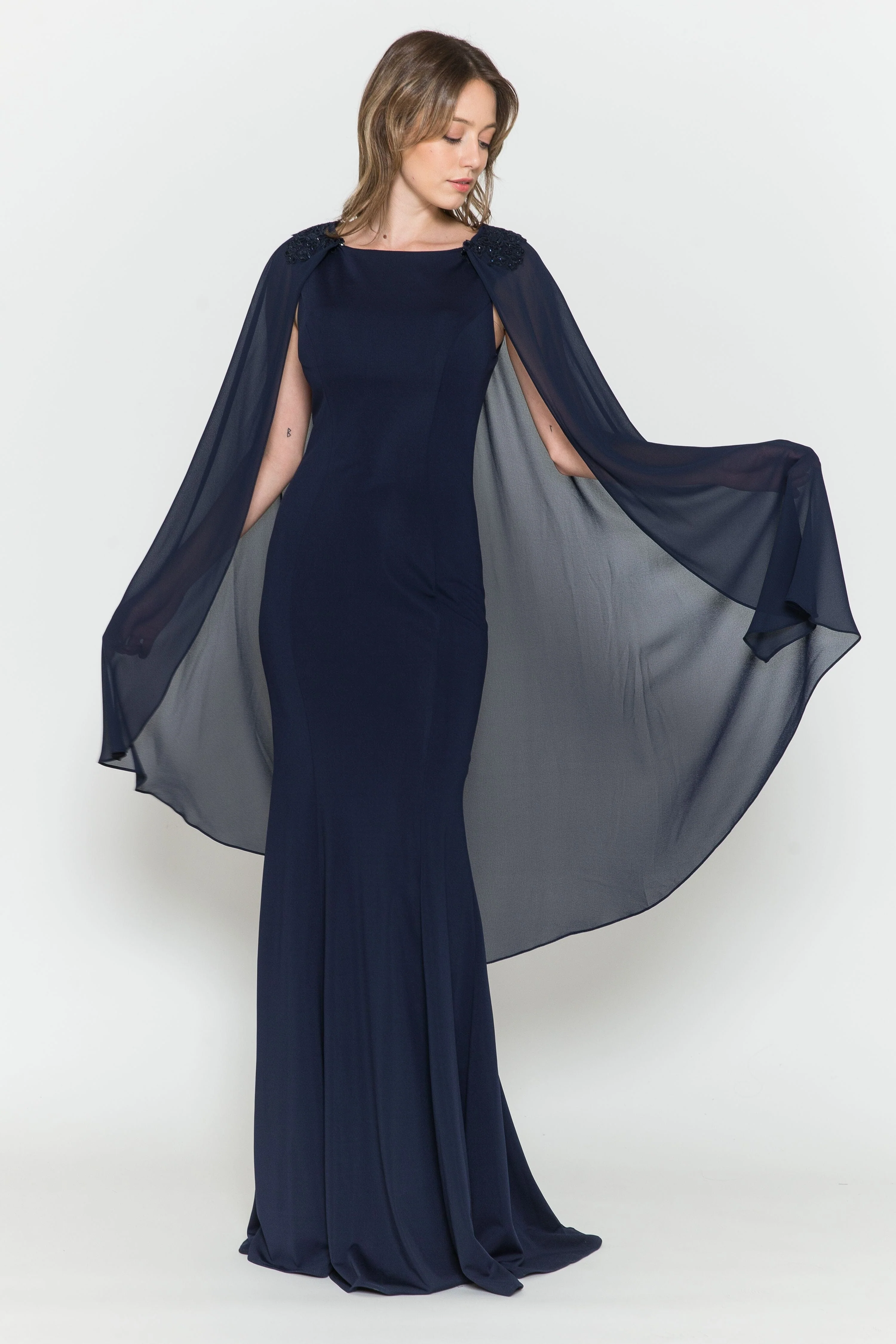 Poly USA 8566 Fitted Long Sleeveless Cape Dress 8566| FormalDressShops - Image 5